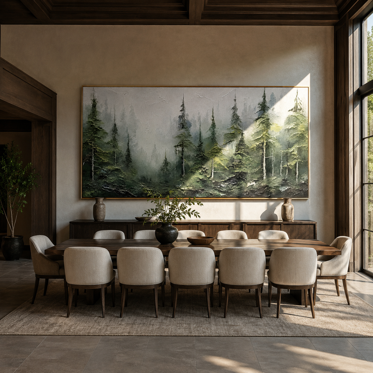 Panoramic green pine forest canvas hung above a fireplace mantel in a grey living room