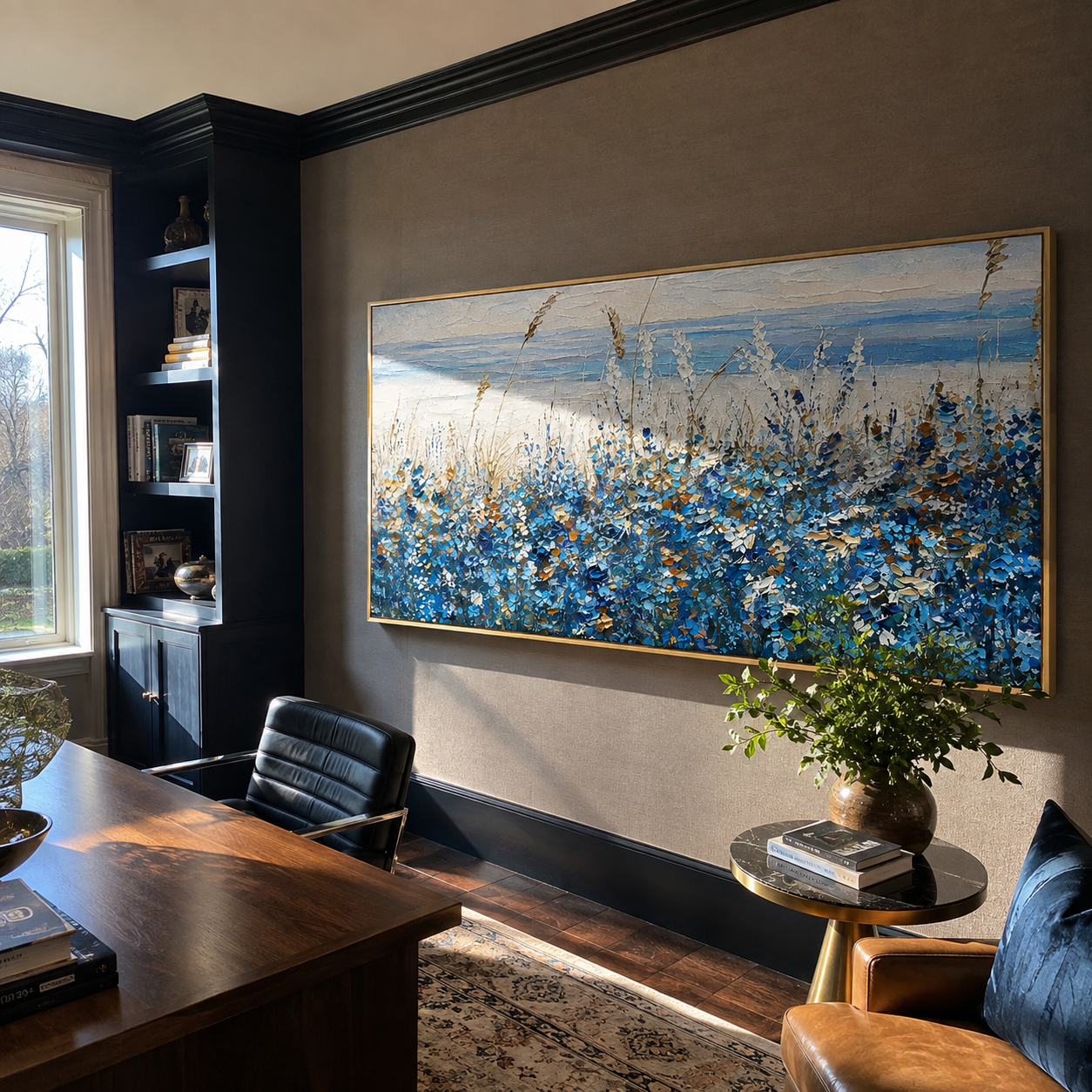 Textured blue wildflower meadow canvas above a desk in a coastal home office