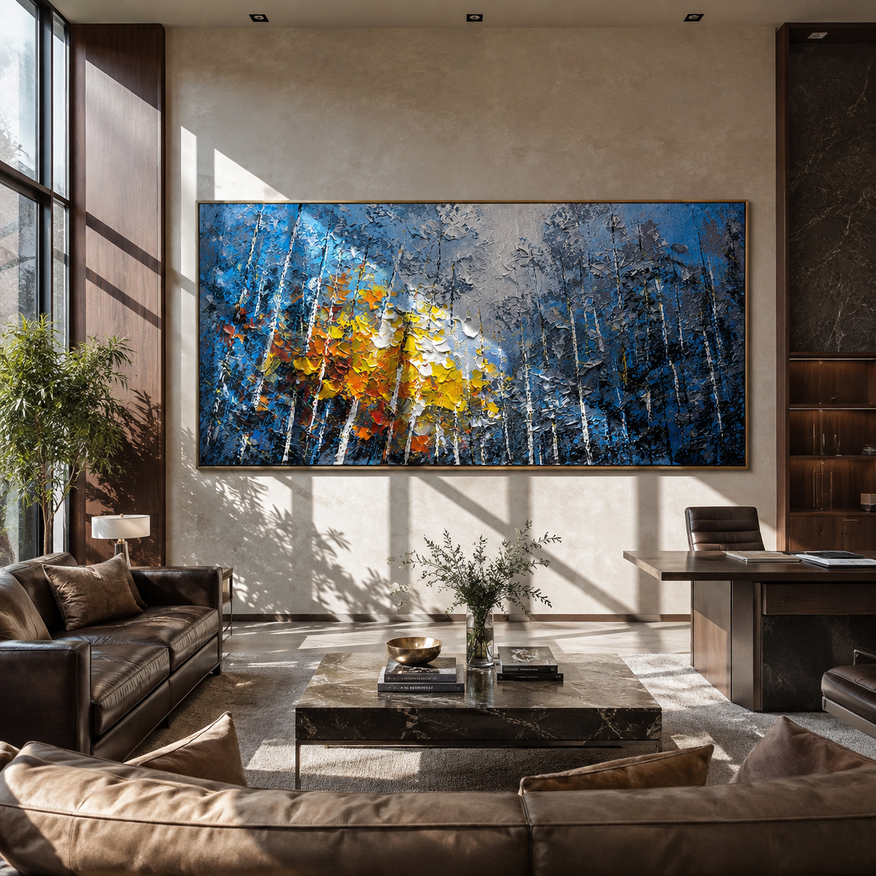 Birches Catch the Light – blue and gold birch grove painting above a living room sofa