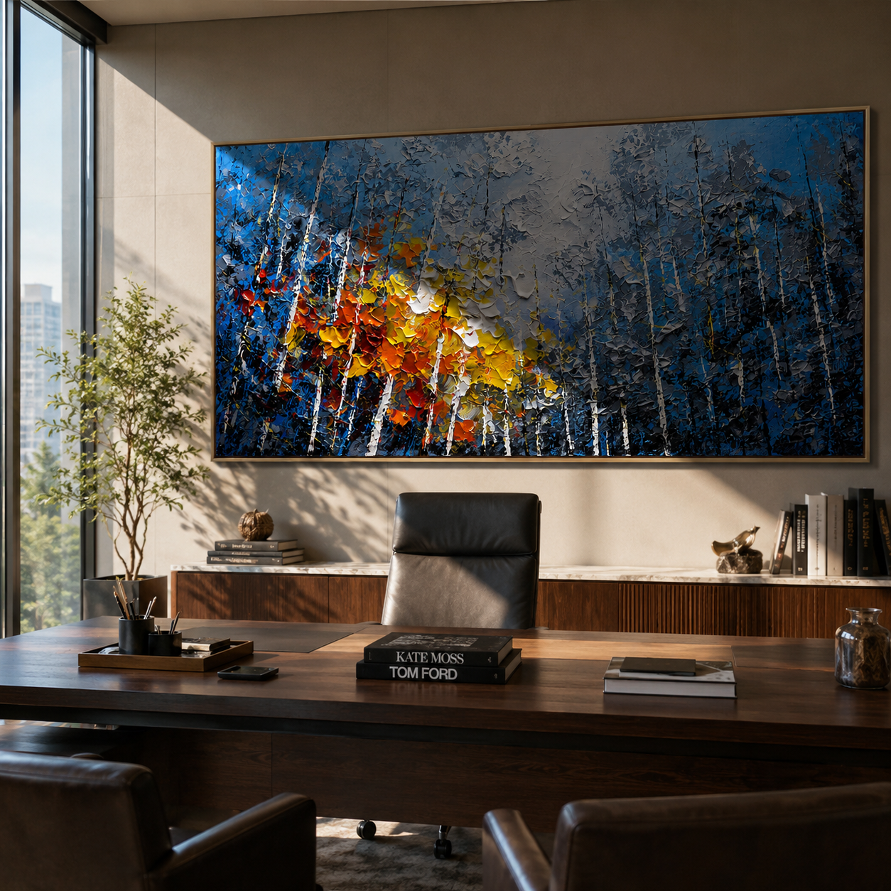 Textured blue birch grove painting displayed above a wooden desk in a home office