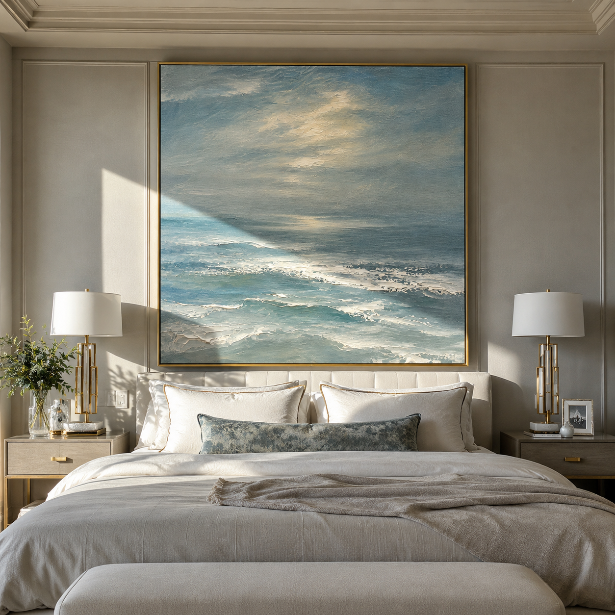 Textured square seascape painting displayed above a sofa in a living room
