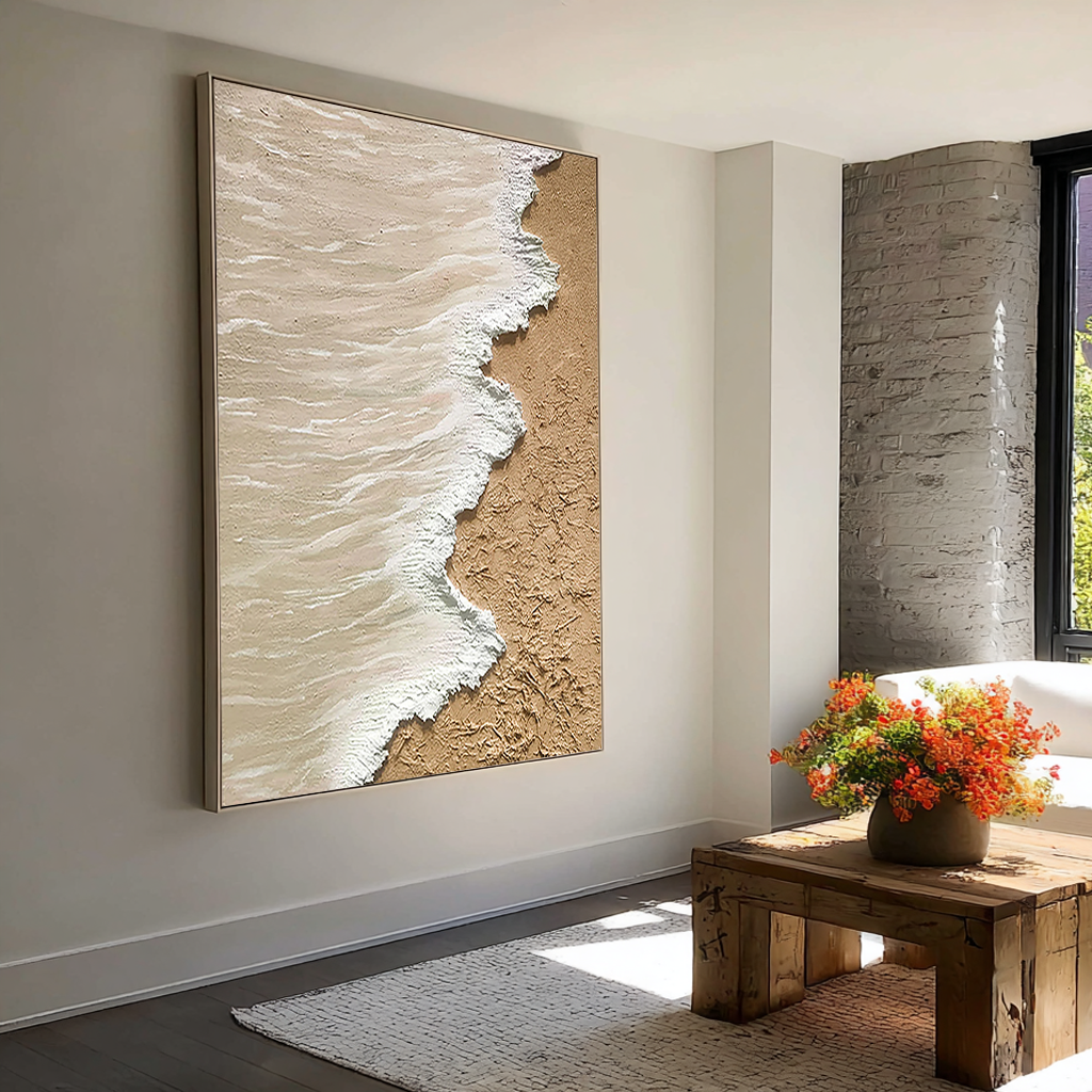 Sandy Shore – Hand-Painted Creamy White Sea Foam 3D Plaster Effect Nature Painting | Japandi Organic Texture Living Room & Bedroom Art