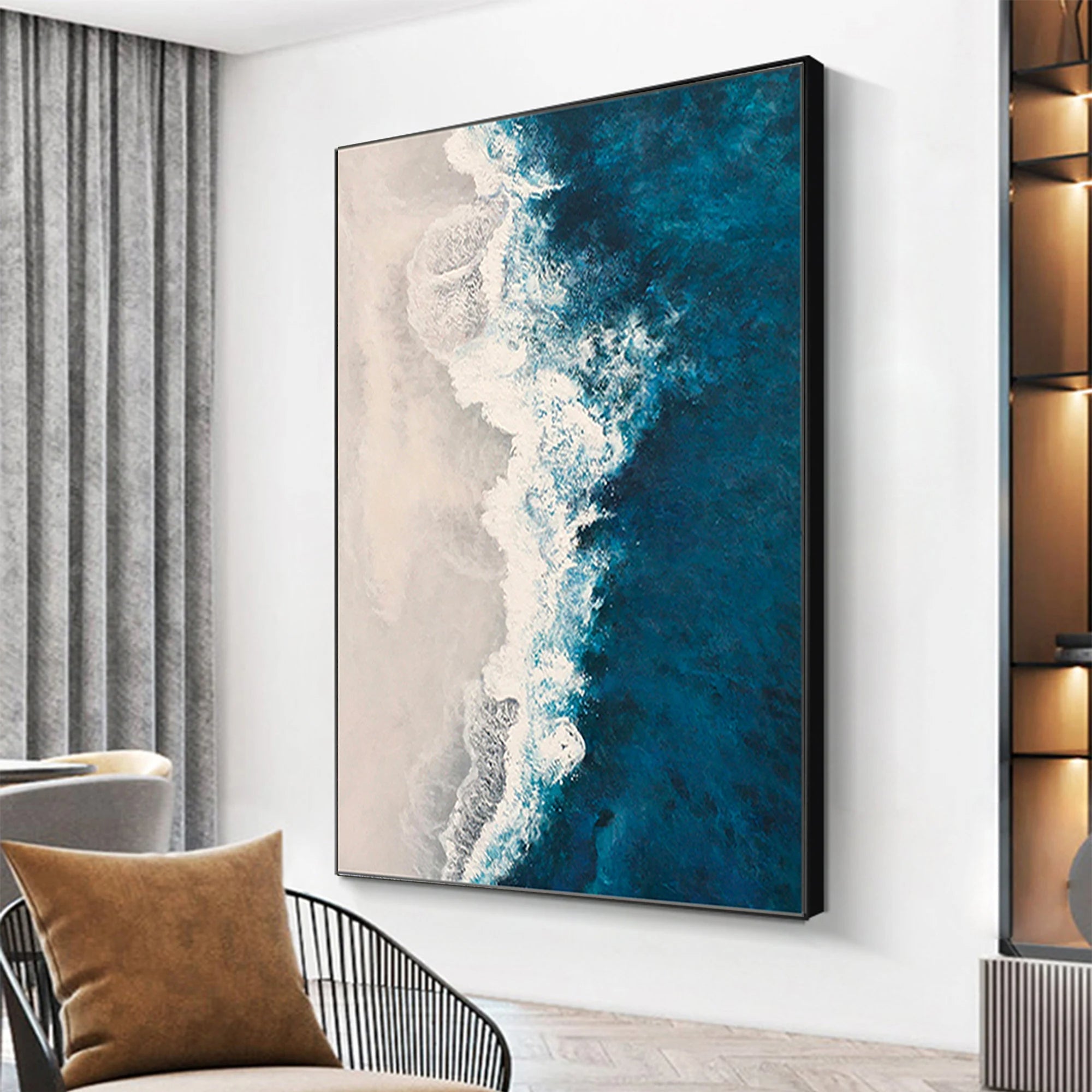 Ocean Surge – Hand-Painted Deep Navy Blue Sea Foam Aerial View Nature Painting | Coastal Modern Living Room & Bedroom Art