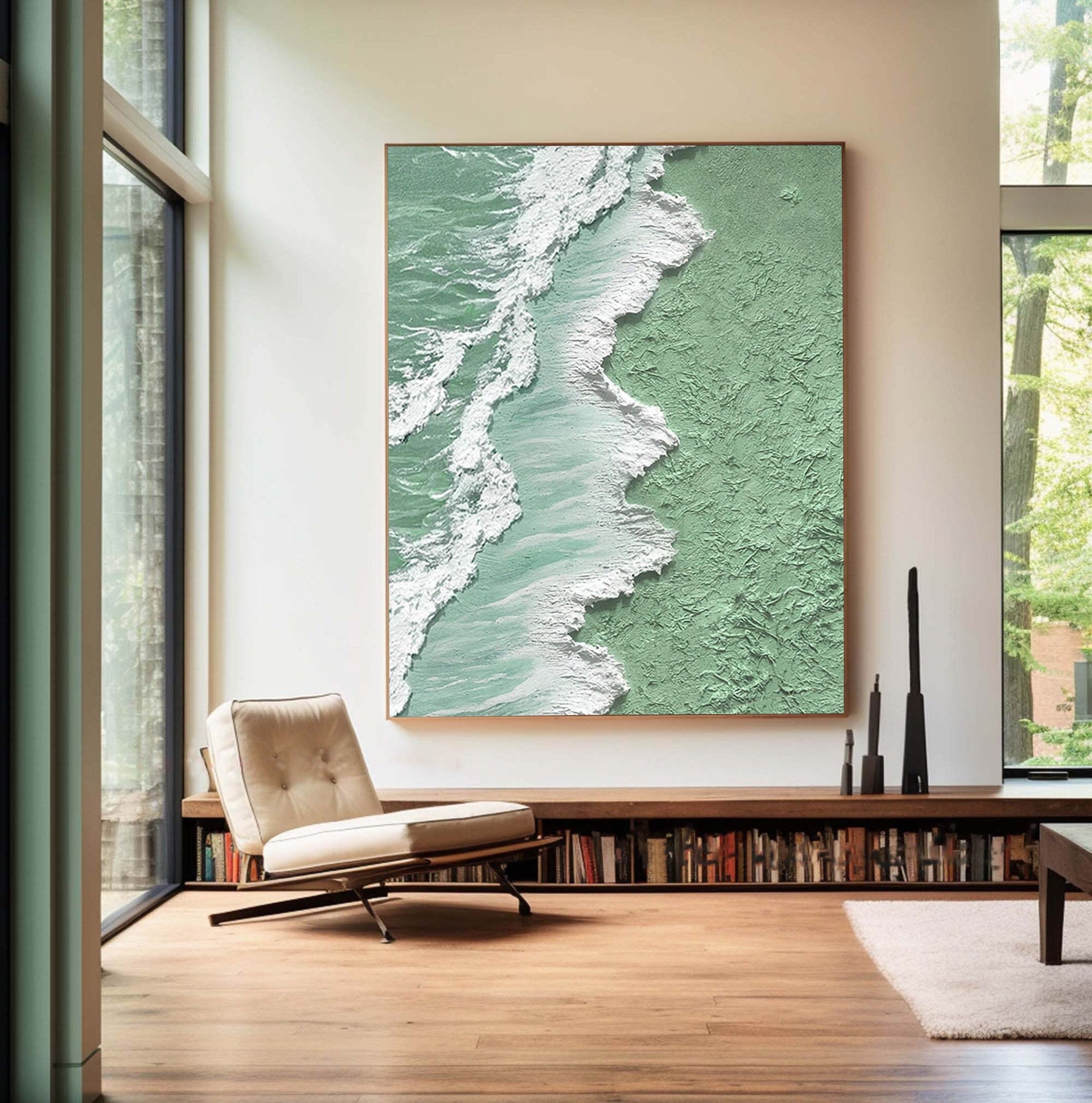 Oxygen Shore – Modern Textured Painting | Creative Wabi-Sabi Mint Green Sea Wave Entryway Art