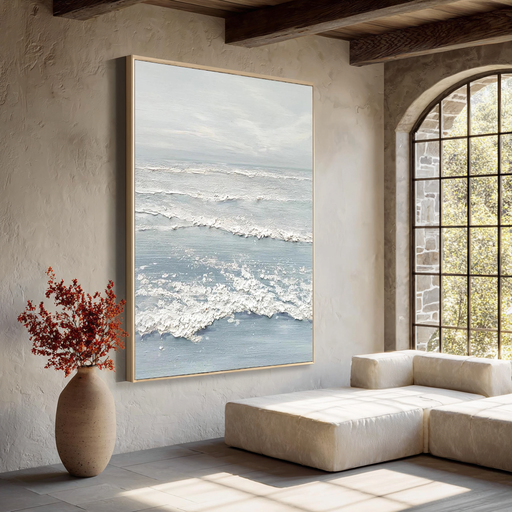 Ocean Mist – Hand-Painted Pale Blue 3D Impasto Wave Seascape Painting | Coastal Modern Living Room & Bedroom Art