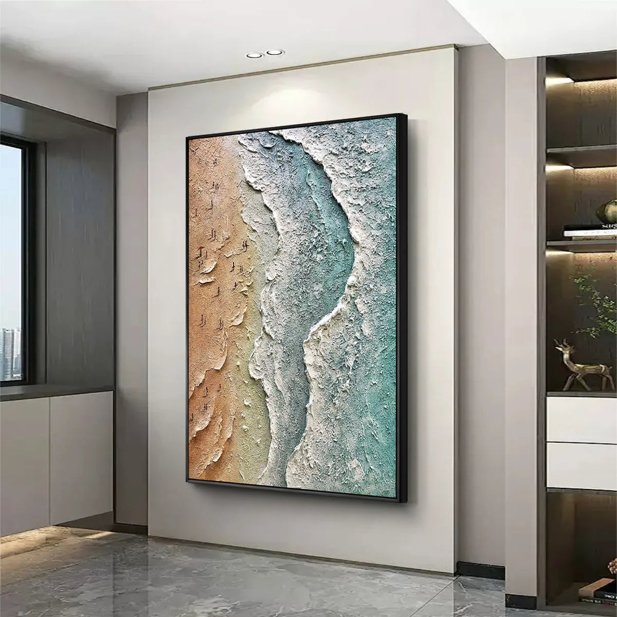 Coastal Rhythm – Hand-Painted Sandy Beach Ocean Wave Relief Seascape Painting | Coastal Modern Living Room & Bedroom Art