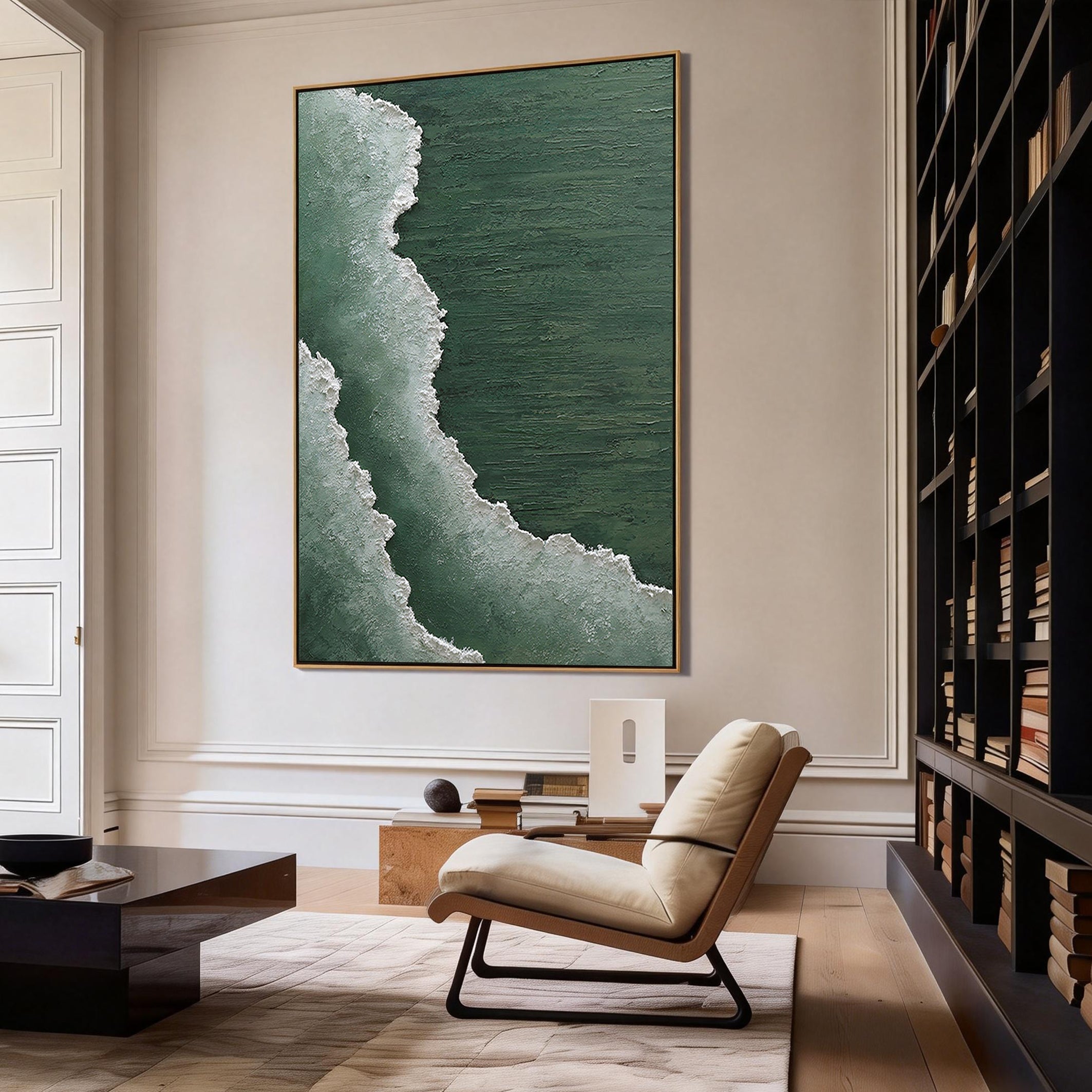 Emerald Tide – Deep Green Forest Sea Foam Relief Landscape Painting | Contemporary Landscape Living Room & Dining Room Art