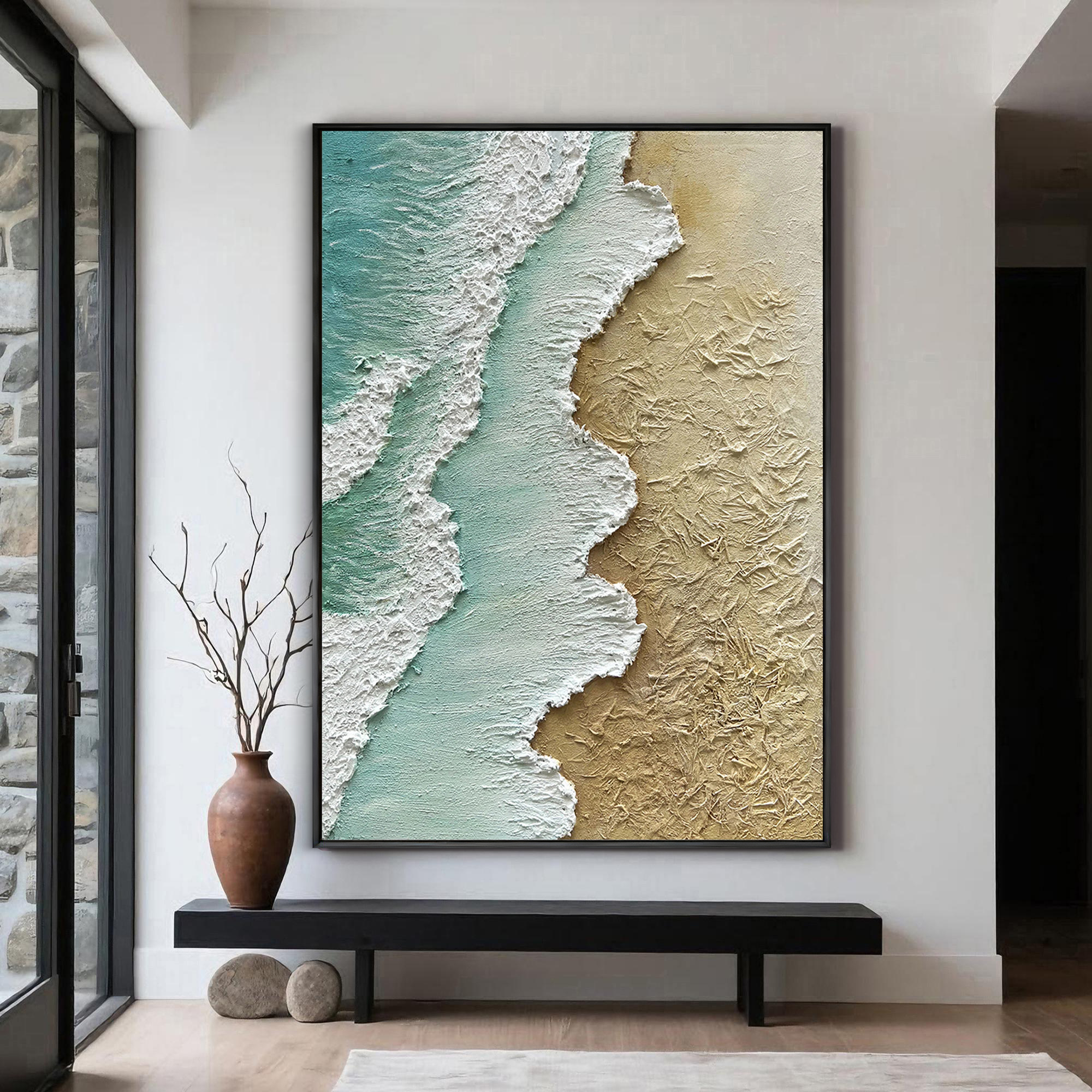 Emerald Coast – 3D Textured Seascape Abstract Heavy Painting | Coastal Modern Living Room & Bedroom Art