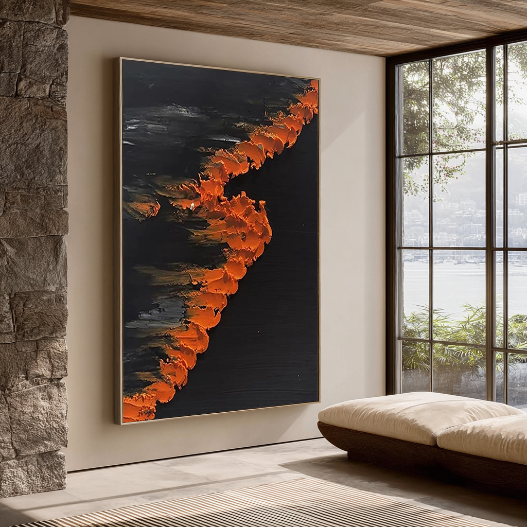 Midnight Flare – Modern Minimalist Black & Orange Impasto Abstract Art | Luxury Dramatic Hallway Art