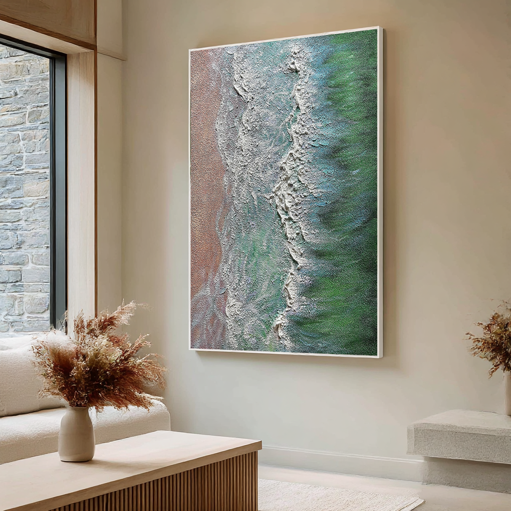 Emerald Coast – Heavy Impasto Textured Seascape Aerial Painting | Coastal Modern Living Room & Bedroom Art