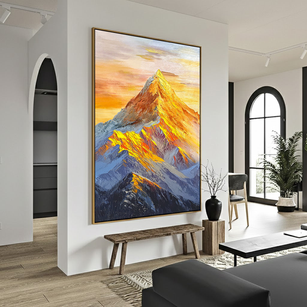 The Gilded Pinnacle – Contemporary Golden Hour Mountain Peak Painting | Vibrant Impasto Hallway Art