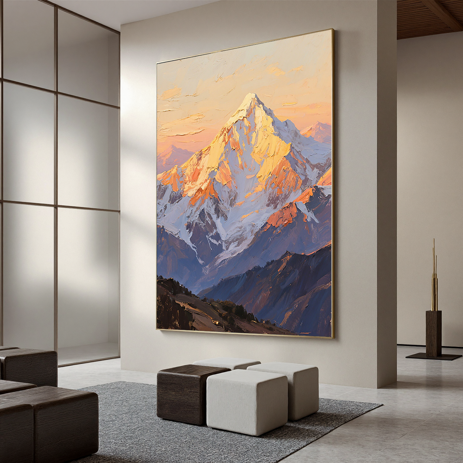 The Gilded Crest – Contemporary Sunset Mountain Peak Painting | Vibrant High-Contrast Statement Hallway Art