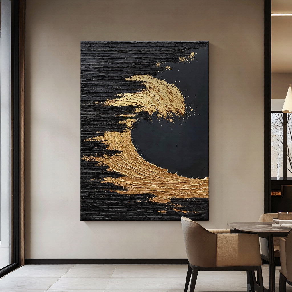 Golden Surge – Modern Black-and-Gold Textured Painting | Light-Luxury Abstract Hallway Art