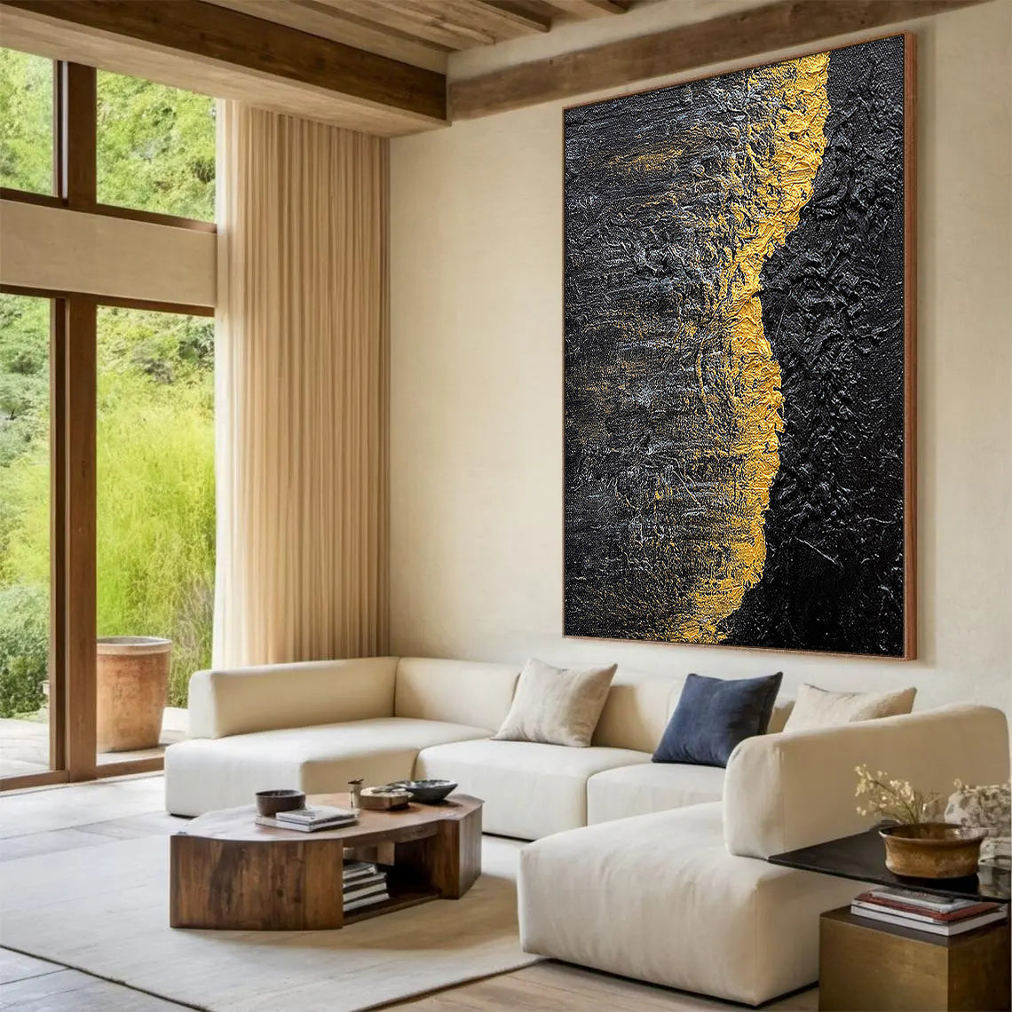 Golden Rift – Heavy Impasto Black and Gold Abstract Art | Luxury Minimalist Living Room Art