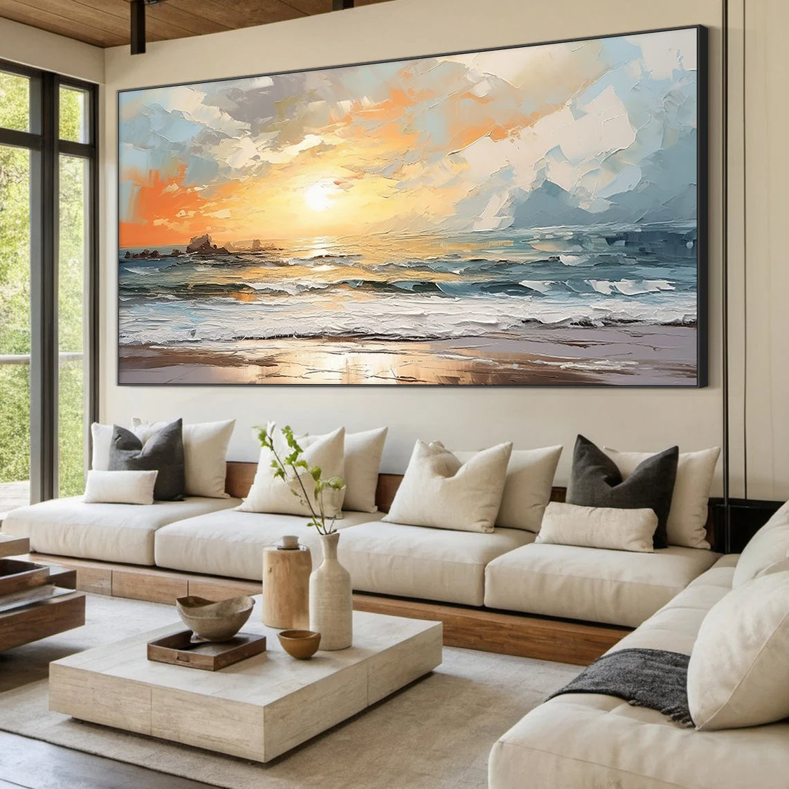 Sunset Glow – Impressionist Sea Sunset Scenery Hand-Painted Textured Landscape Oil Ocean Painting | Coastal Modern Living Room & Bedroom Art