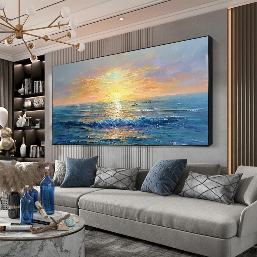 Golden Horizon – Ocean Sunset Wave Heavy Texture Hand-Painted Impressionist Seascape Painting | Coastal Modern Living Room & Bedroom Art