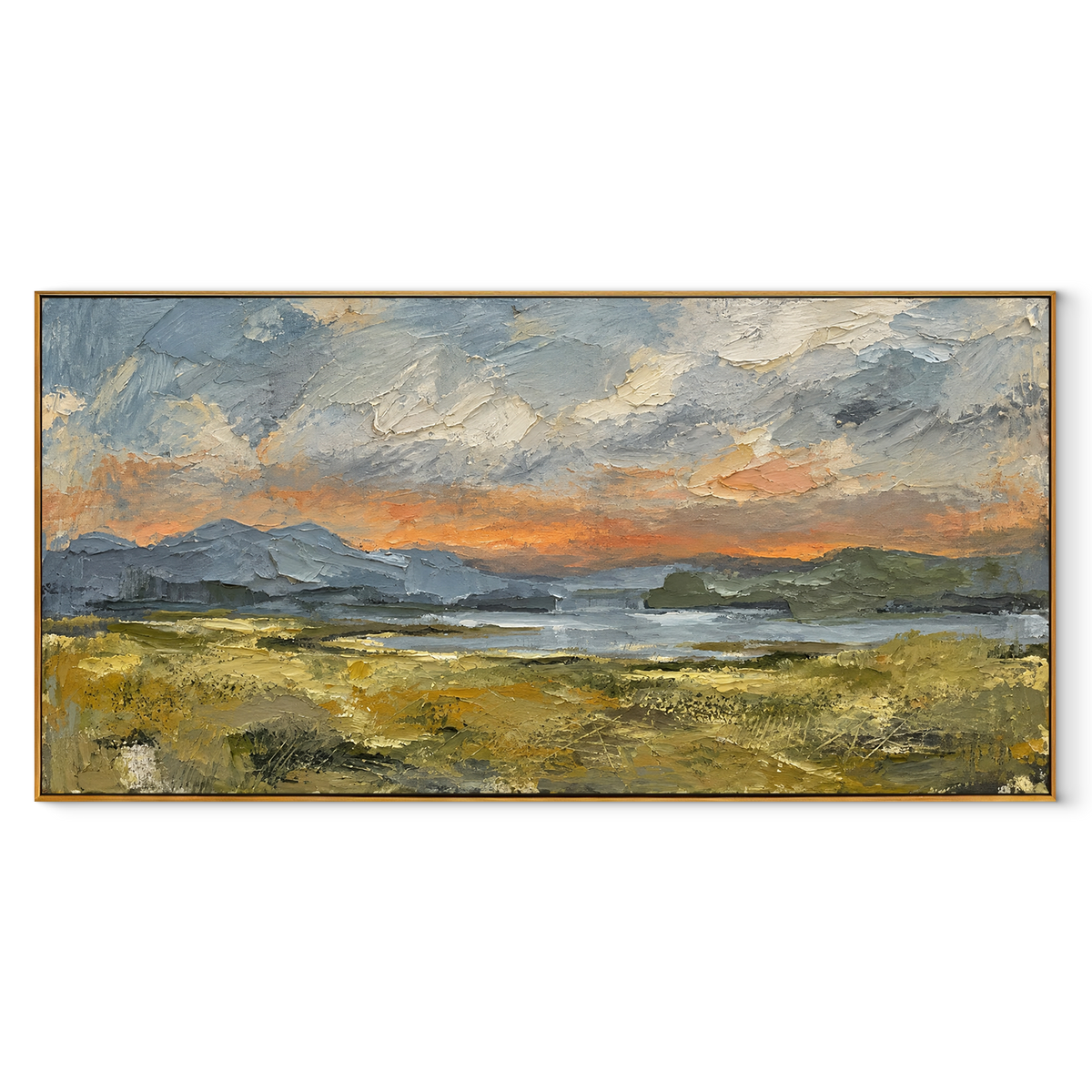 Weather Moves Across Plains panoramic canvas artwork in a wood frame on white