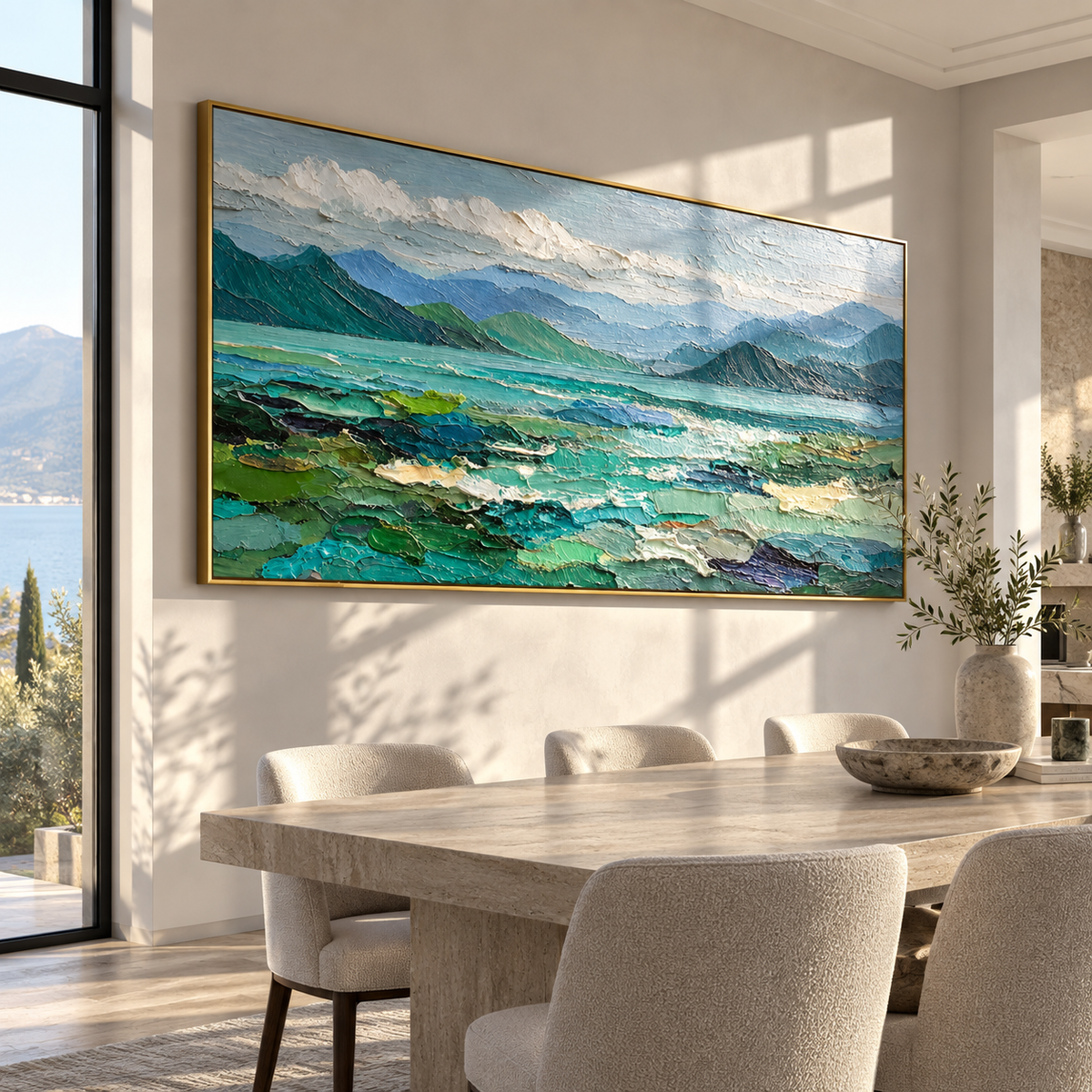 Turquoise Water Beyond Hills turquoise mountain lake landscape painting displayed in a modern interior