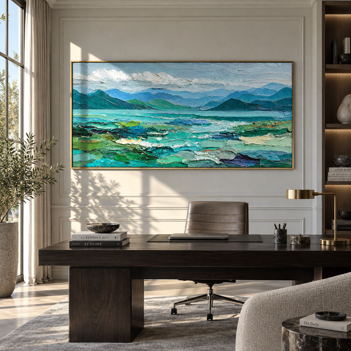 Turquoise Water Beyond Hills presented in an alternate room setting