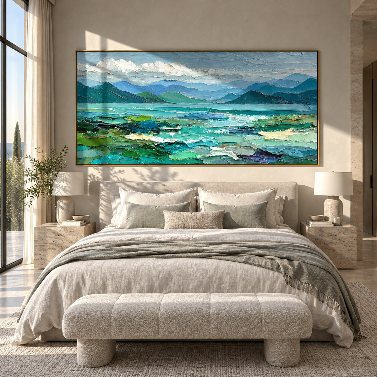 Turquoise Water Beyond Hills wide painting styled as a refined focal point