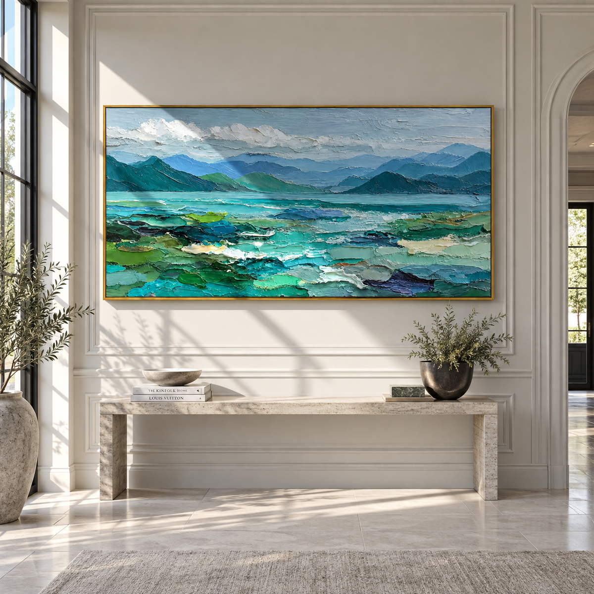 Turquoise Water Beyond Hills displayed with natural materials and modern decor