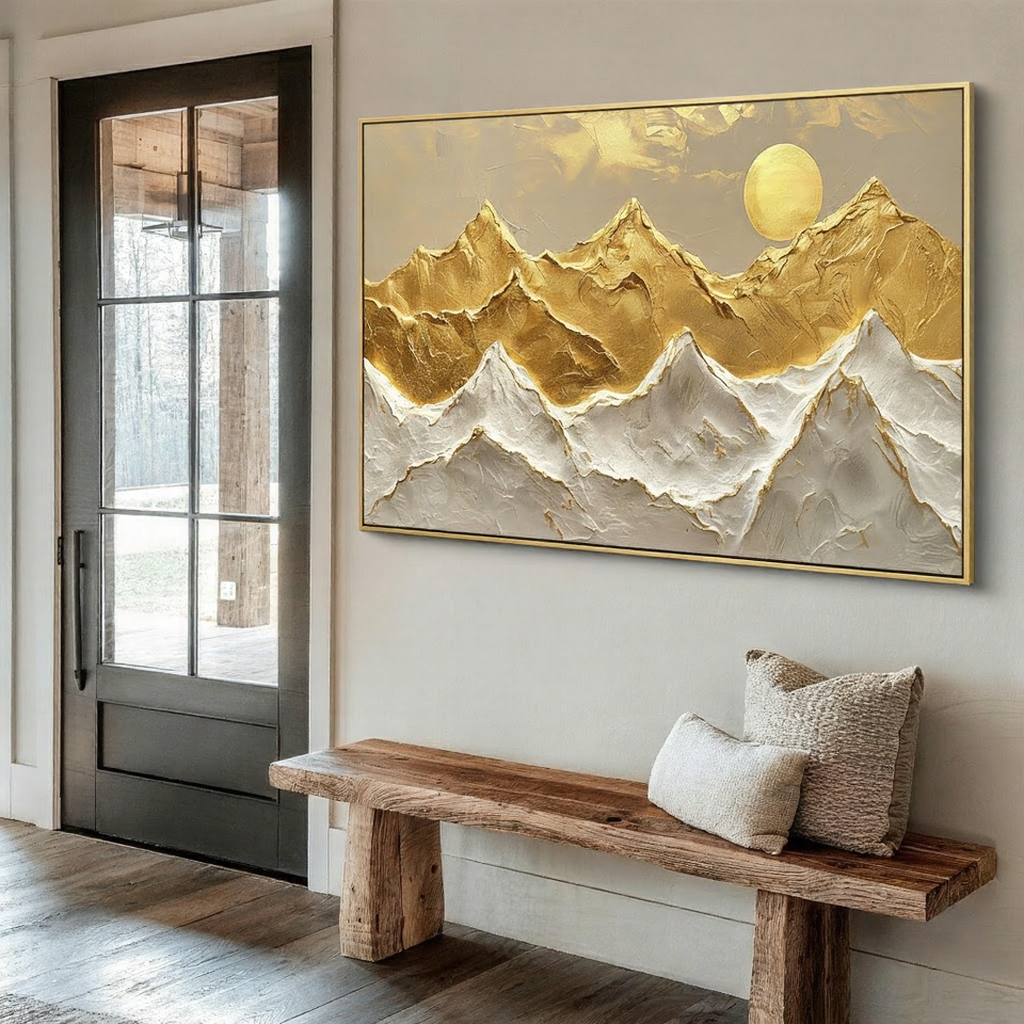 Golden Peaks – Gold Leaf Abstract Landscape Texture Painting | Contemporary Mountain Living Room & Home Office Art