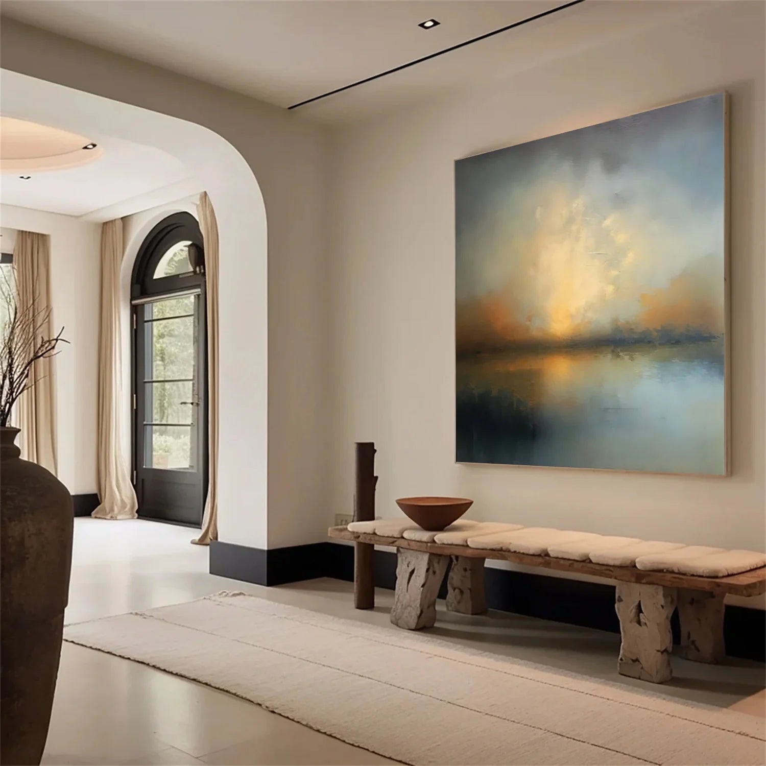 Glowing Horizon – Hand-Painted Atmospheric Sunset Lake Abstract Landscape Painting | Contemporary Landscape Living Room & Dining Room Art