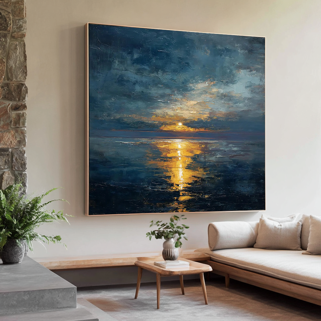 Eternal Shore – Moody Cloud & Golden Sun Impasto Texture Painting | Modern Luxury Metallic Living Room & Hotel Art