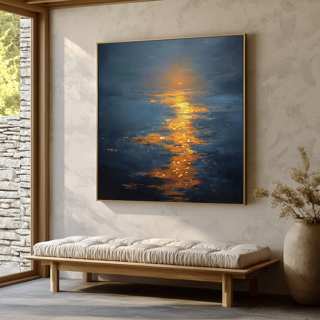 Golden Path – Deep Blue & Gold Sunset Impasto Texture Painting | Coastal Modern Living Room & Bedroom Art