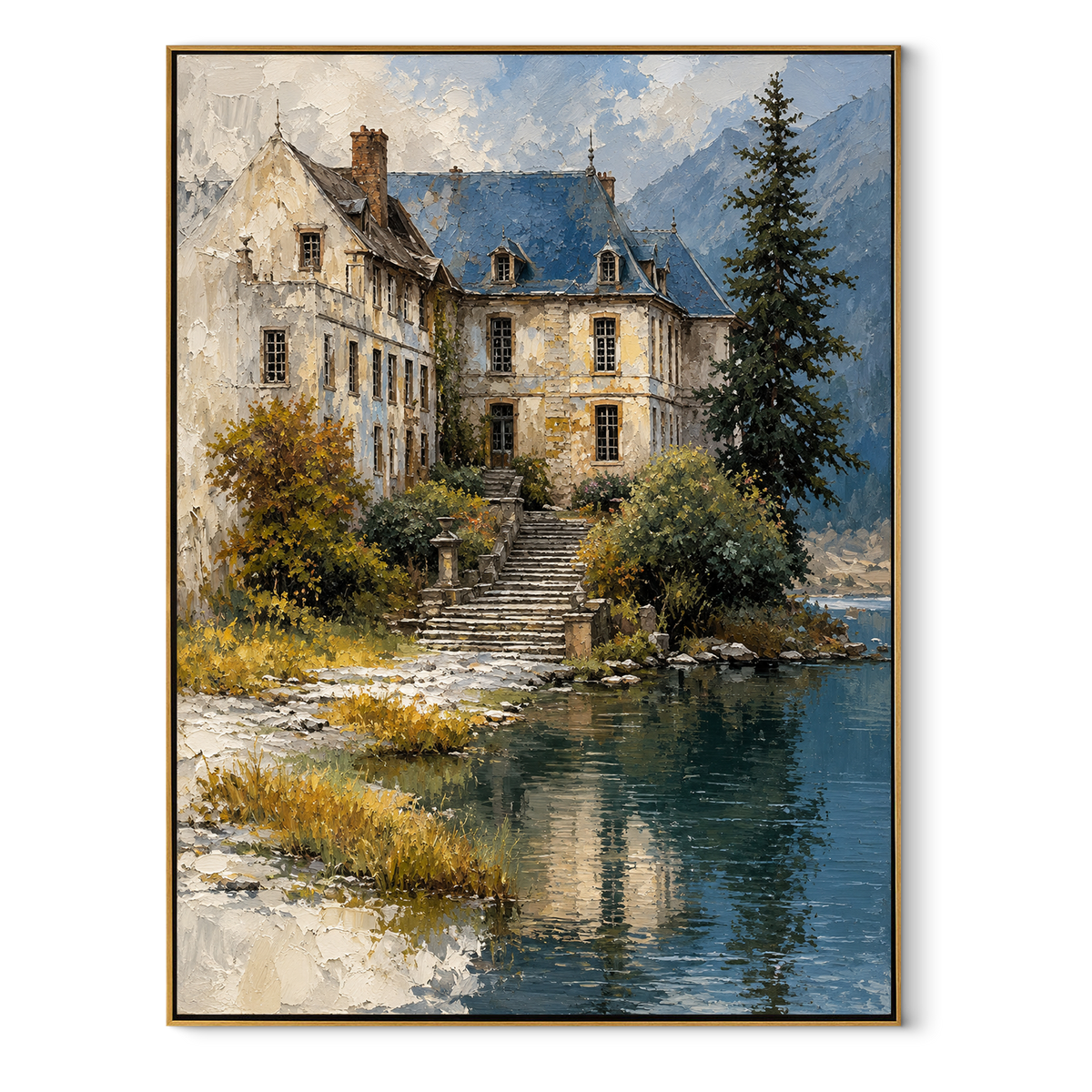 Blue Roof by Water - lakeside manor landscape painting in a wood frame on white