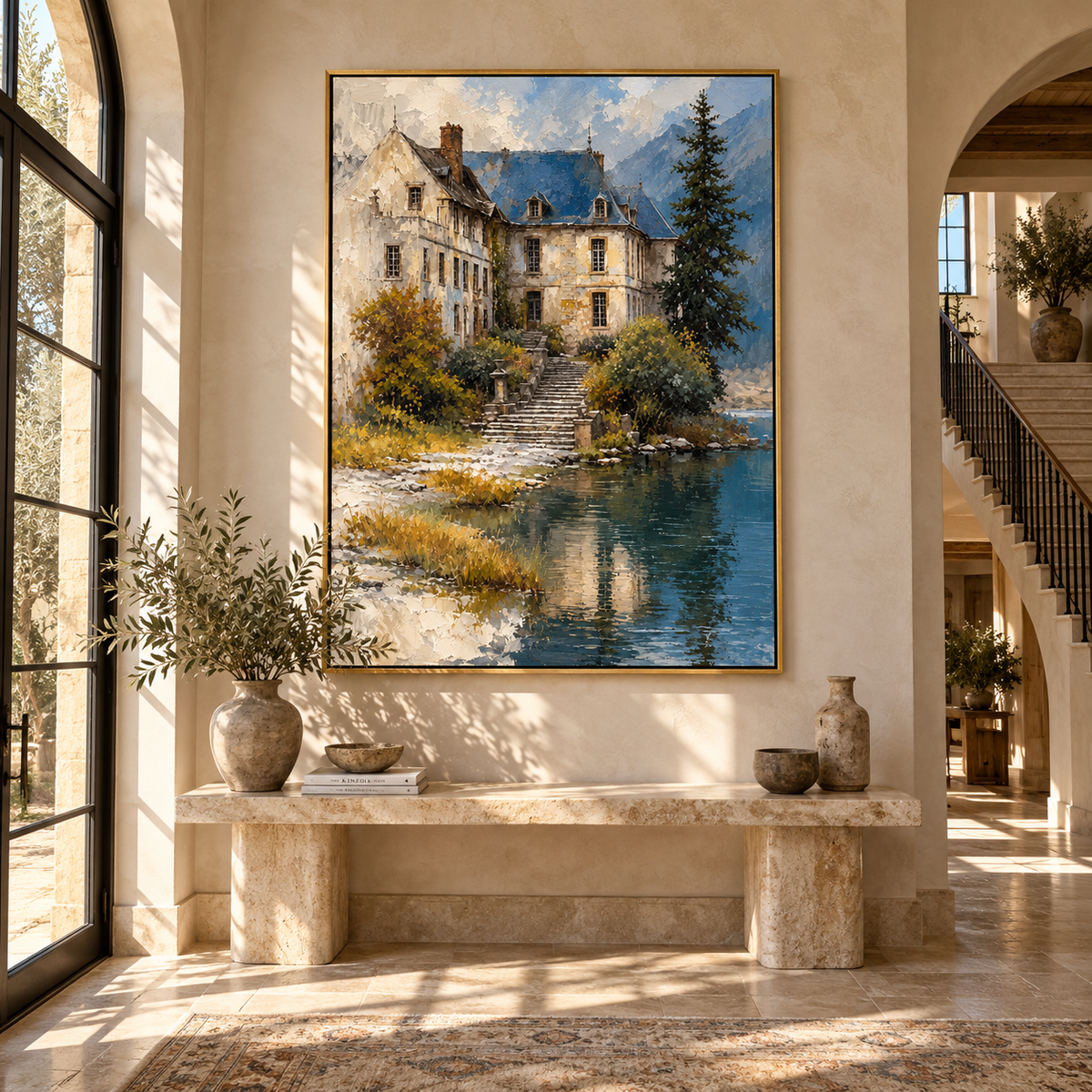 Blue Roof by Water - lakeside manor landscape painting shown in modern room setting 2