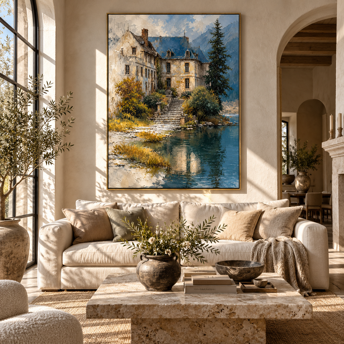 Blue Roof by Water - lakeside manor landscape painting shown in modern room setting 5