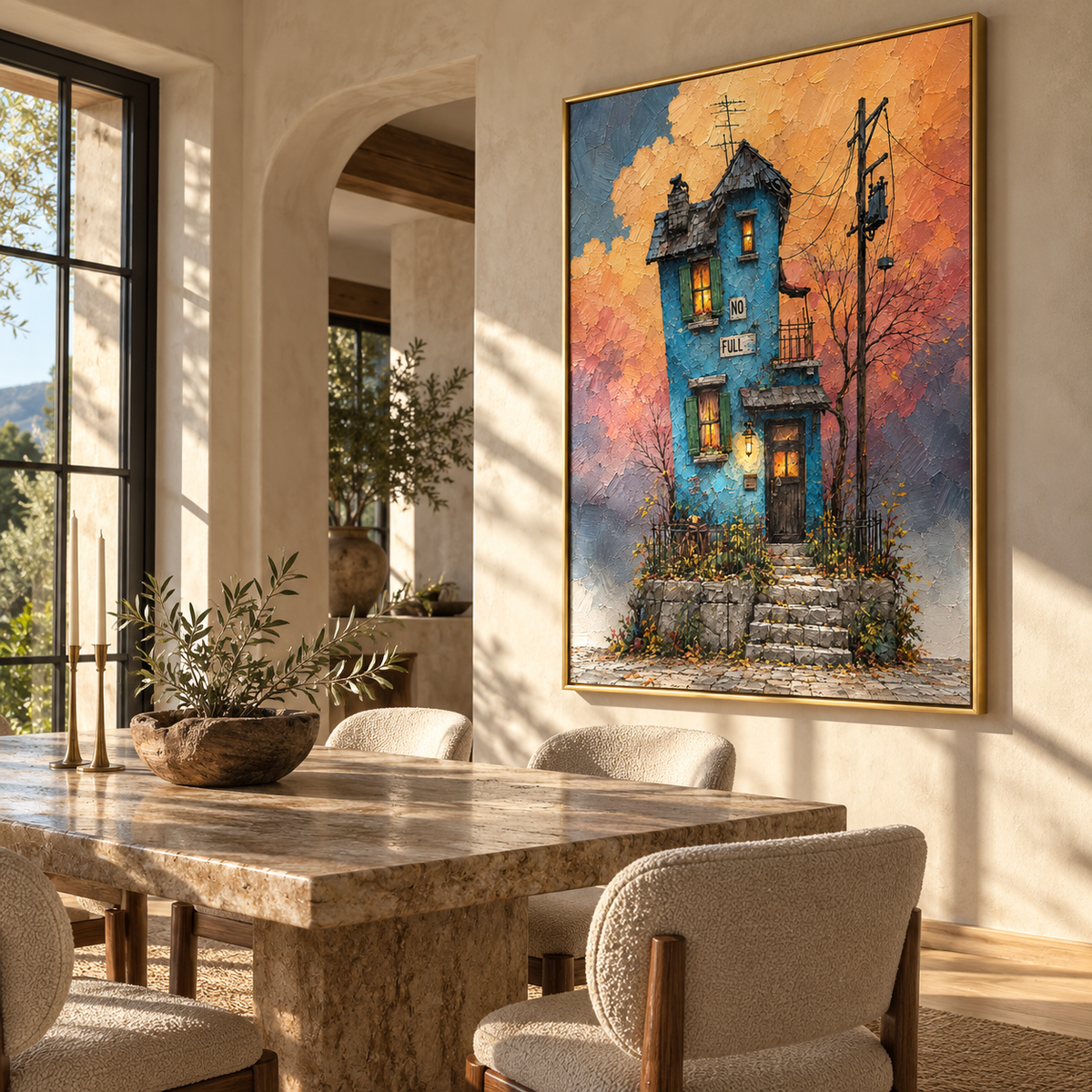 Last Light on Blue - blue townhouse sunset painting displayed in a styled interior