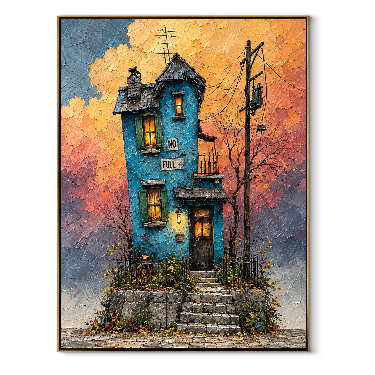 Last Light on Blue - blue townhouse sunset painting in a wood frame on white