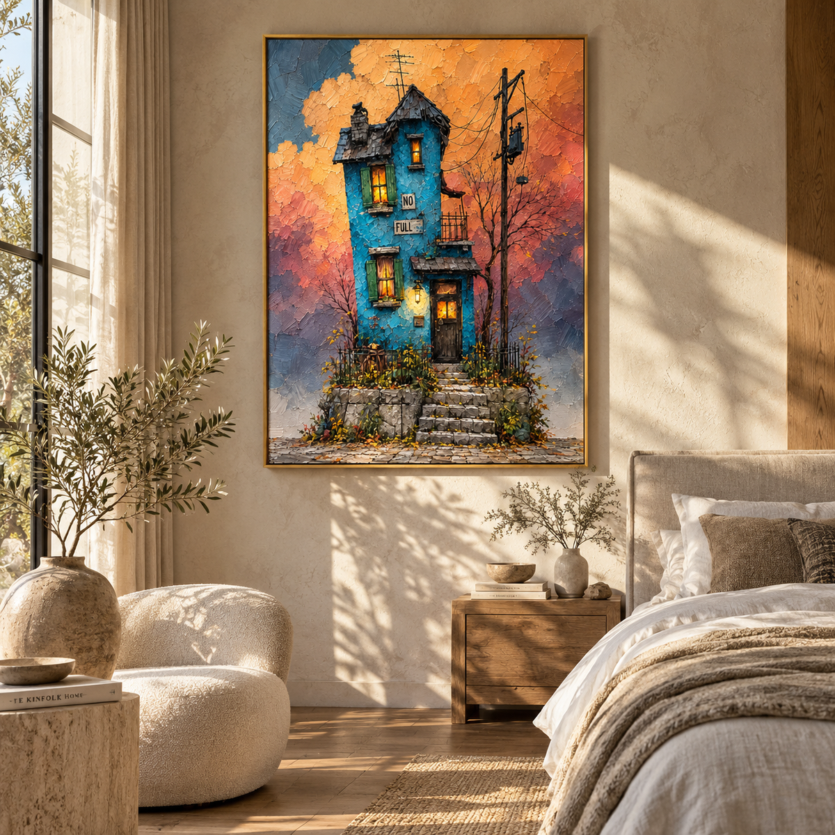 Last Light on Blue - blue townhouse sunset painting shown in modern room setting 3
