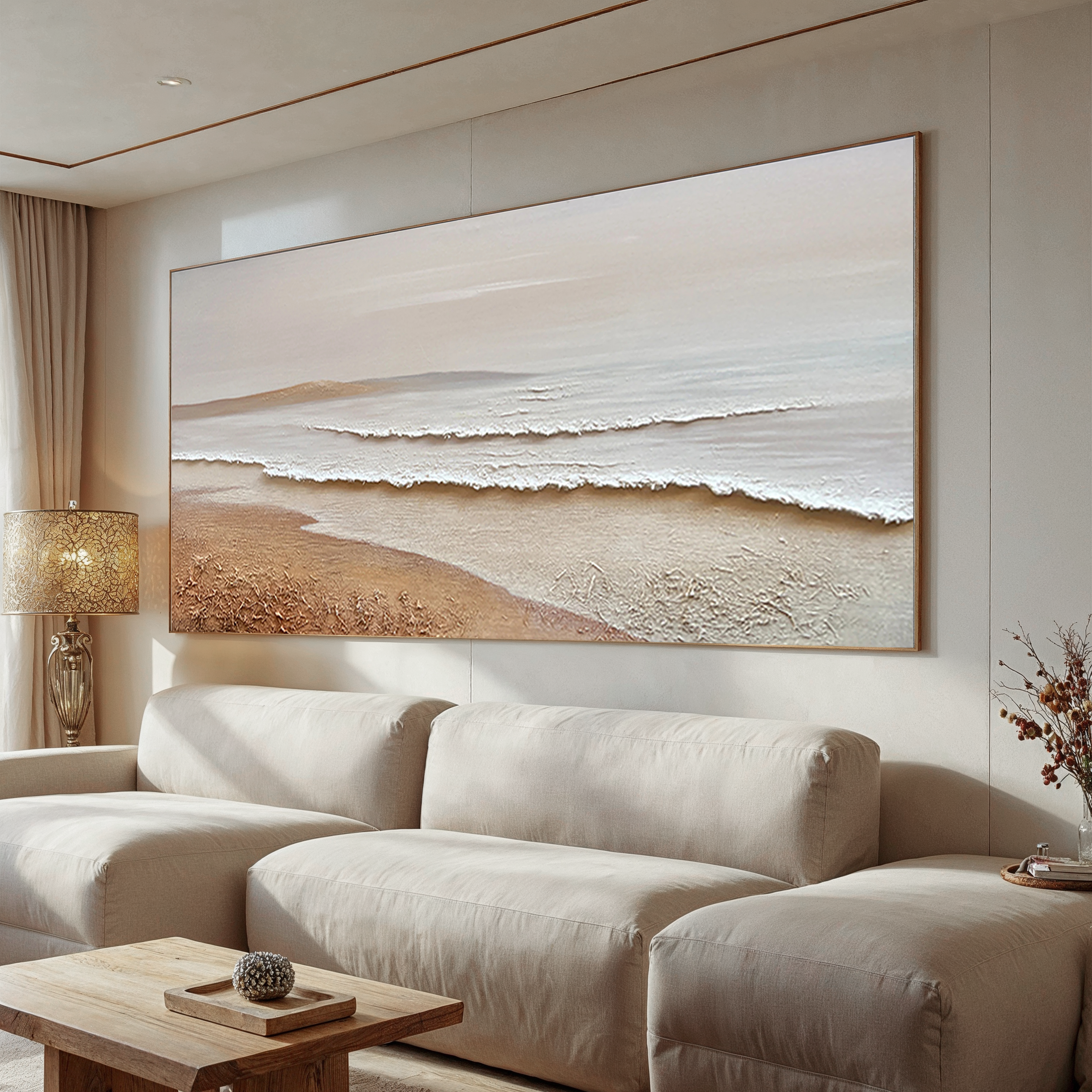 SANDY RHYTHM: Panoramic 3D Plaster Texture Coastal Wall Art, Wabi-Sabi Sand & Wave Relief