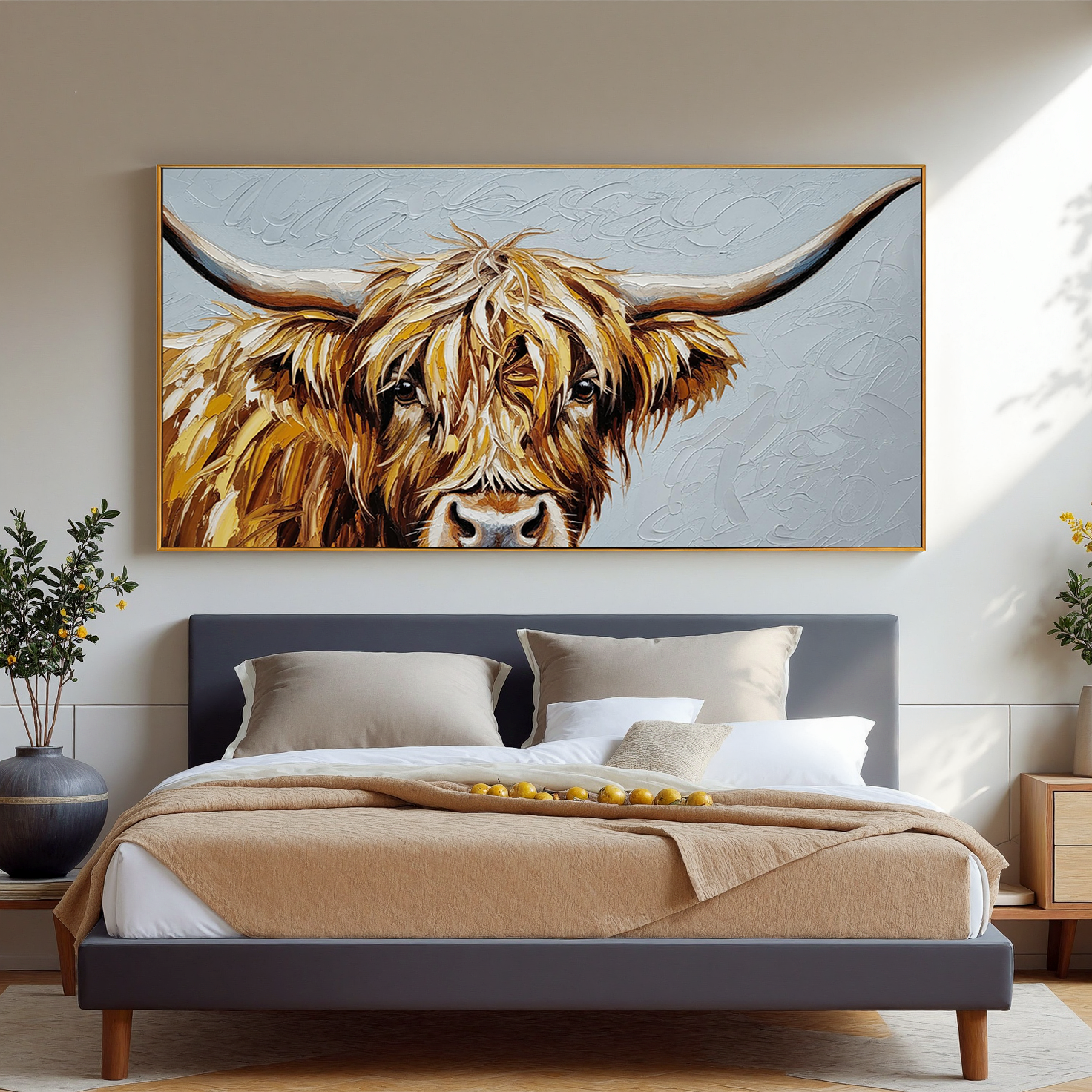 Gentle Wild – Modern Hand-painted Highland Cow Impasto Painting | Rustic Farmhouse Living Room Art