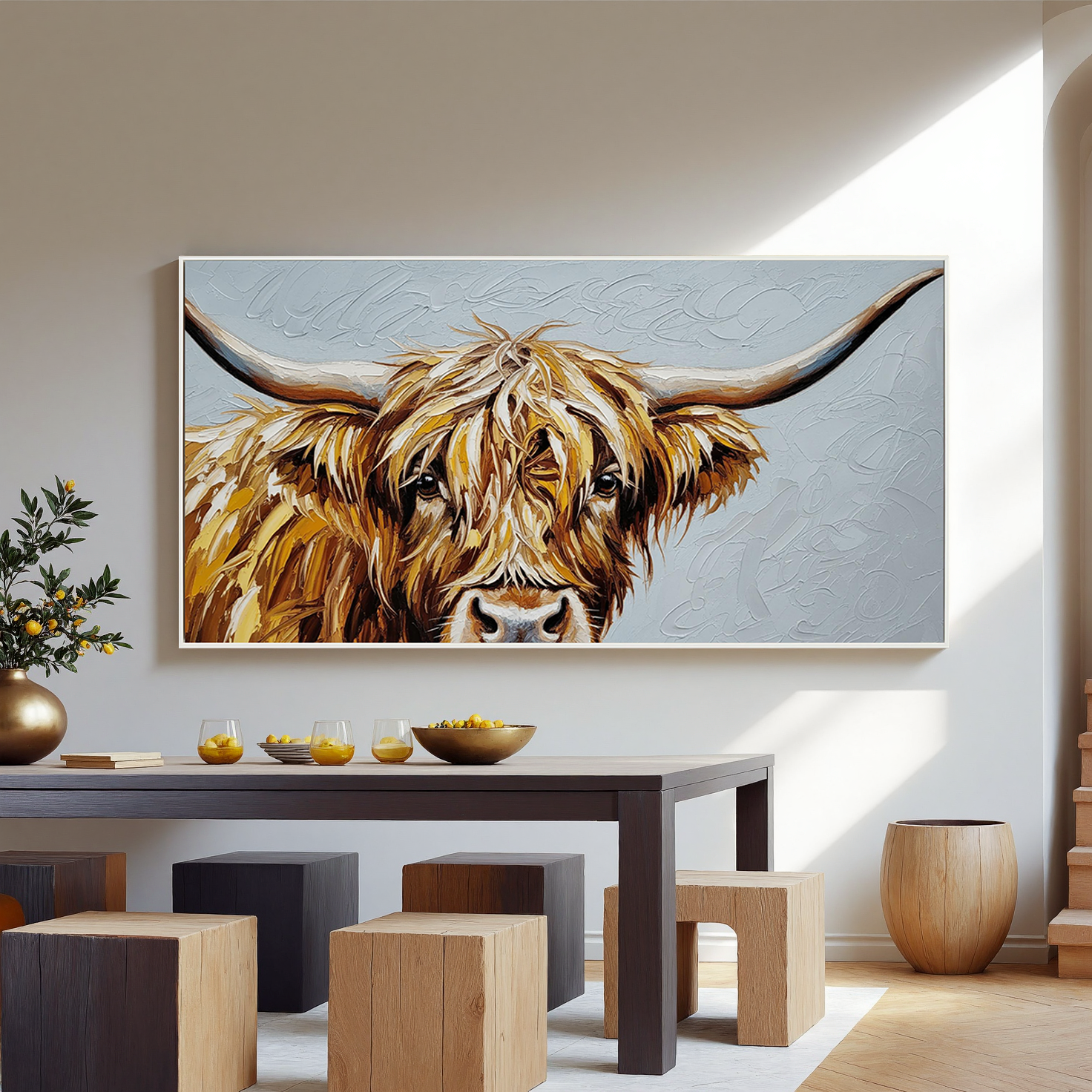 Gentle Wild – Modern Hand-painted Highland Cow Impasto Painting | Rustic Farmhouse Living Room Art