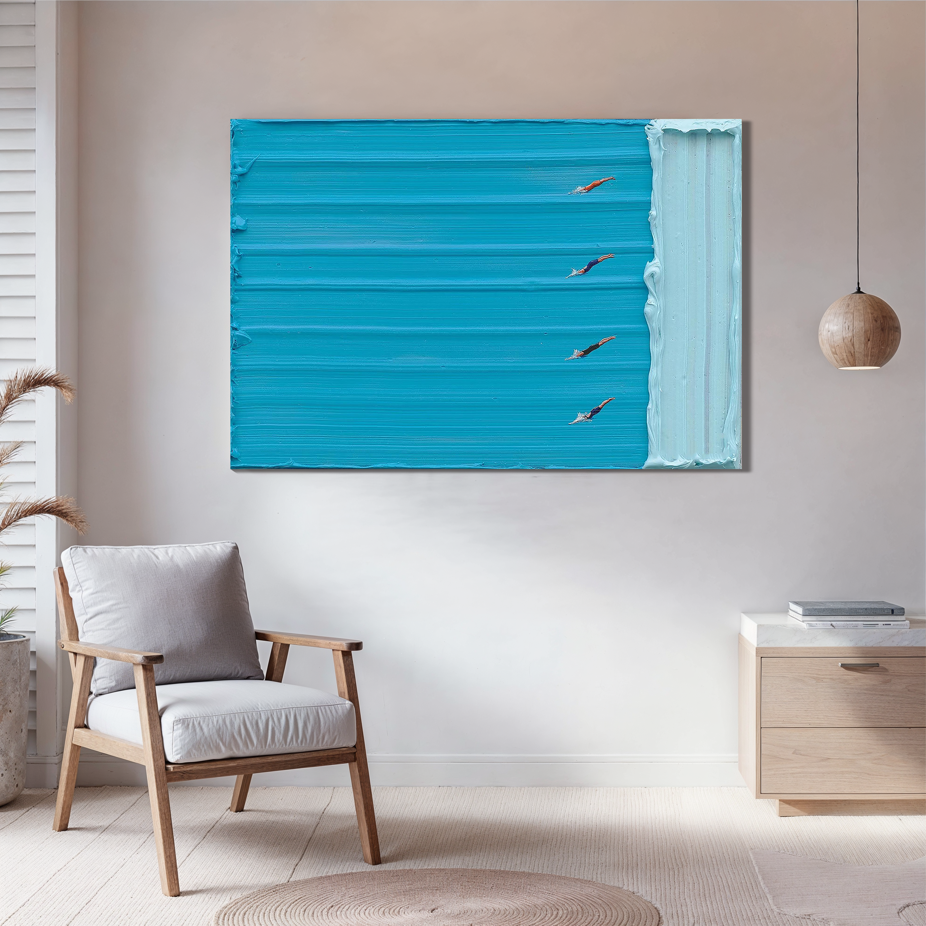 Azure Competition – Hand-Painted Minimalist Swimming Pool Azure Blue Sport Painting | Contemporary Sport Home Office & Living Room Art