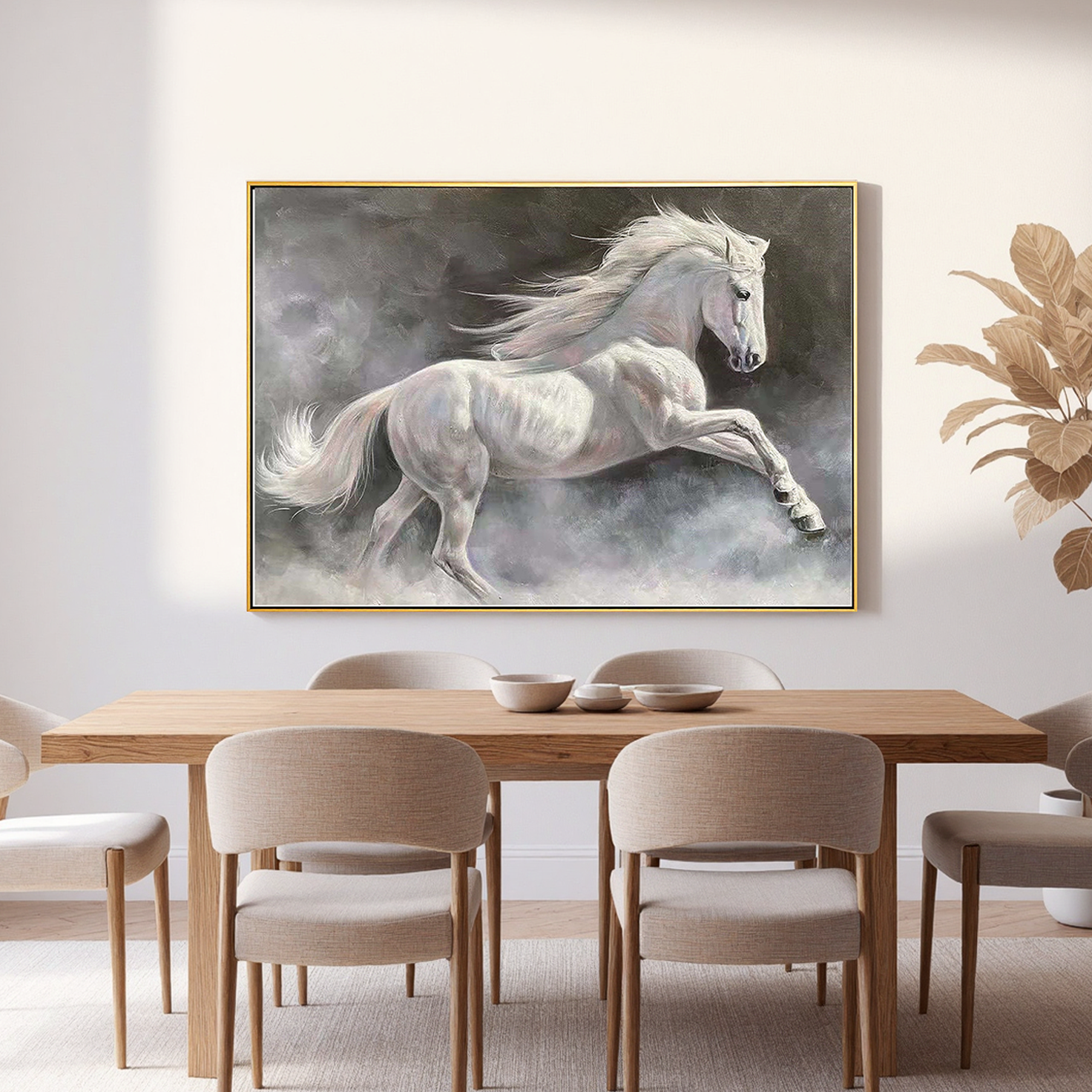 MISTY GALLOP: Panoramic White Horse Wall Art, 3D Heavy Texture Running Horse Art