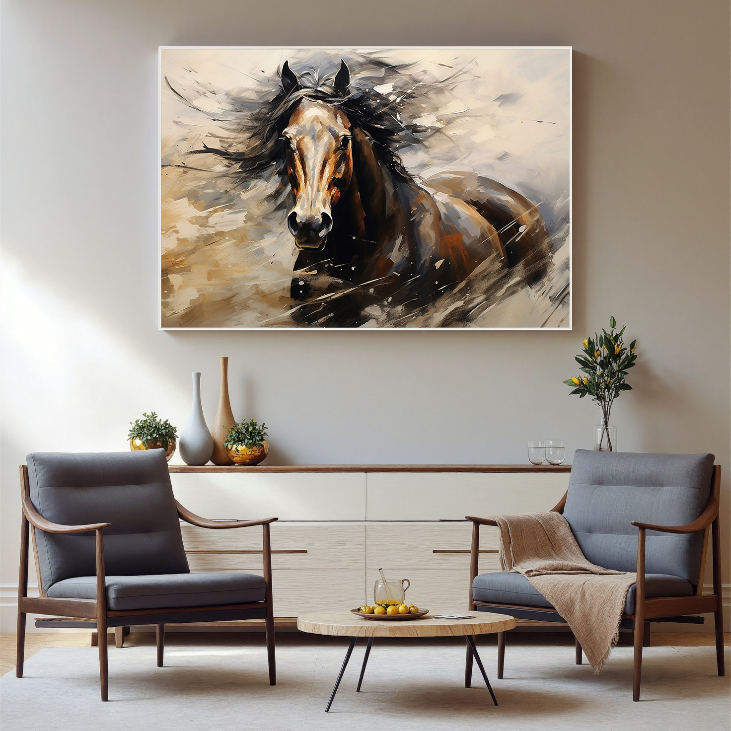 Dark Stallion – Modern 3D Animal Portrait Canvas Texture Painting | Bold Expressionist Living Room & Dining Room Art