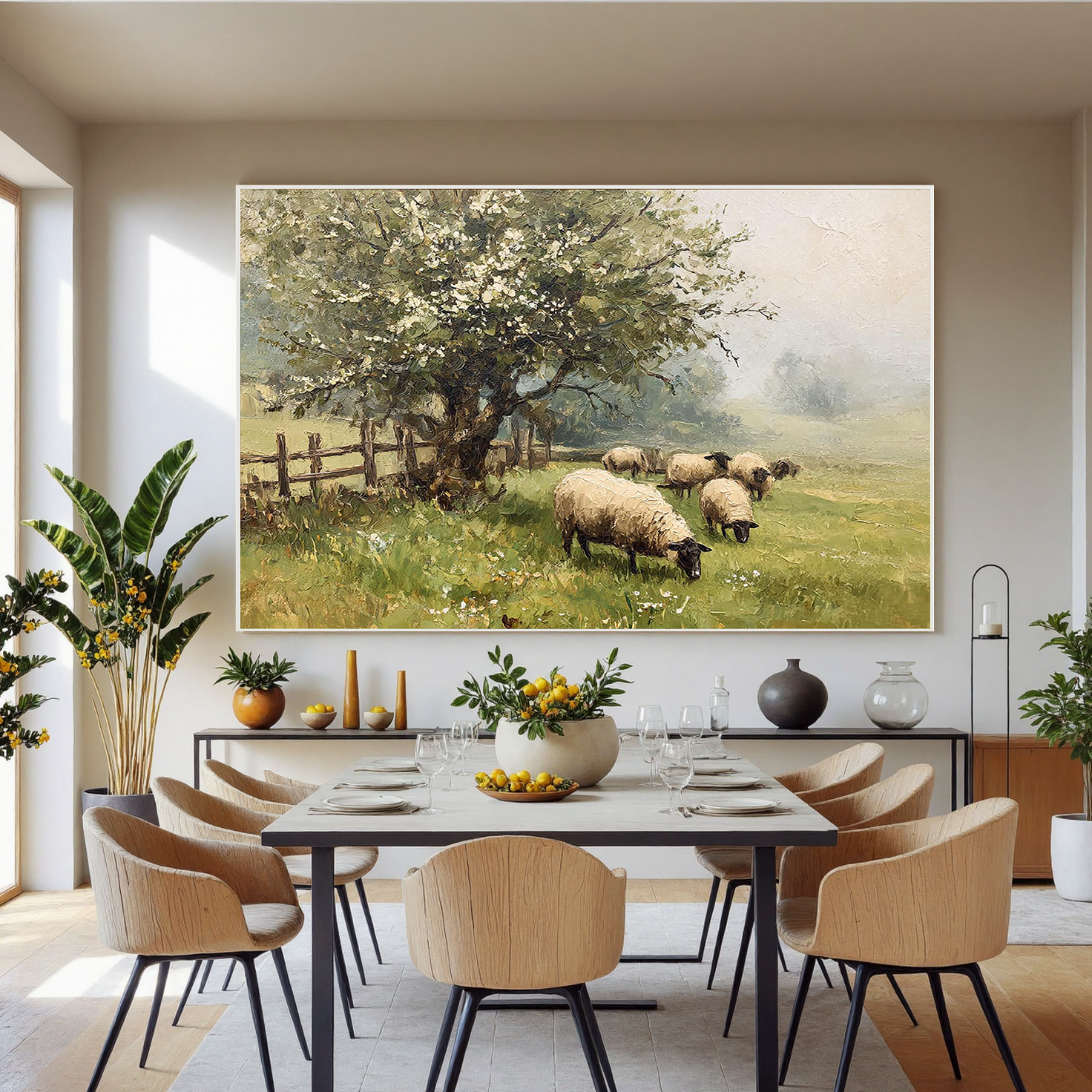 PASTORAL PEACE: Rustic Sheep Landscape Wall Art, Hand-Painted Farmhouse Animal Painting