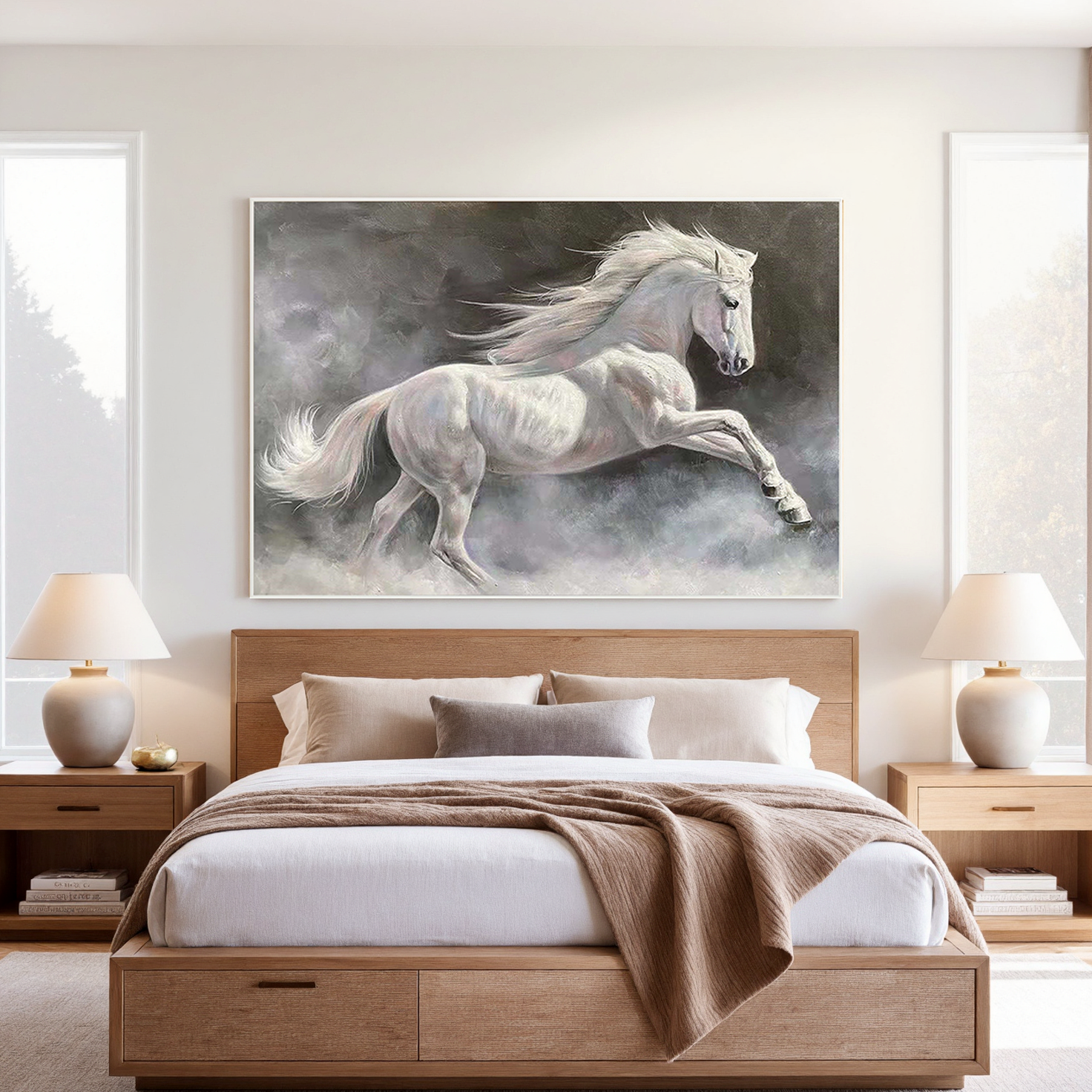 MISTY GALLOP: Panoramic White Horse Wall Art, 3D Heavy Texture Running Horse Art
