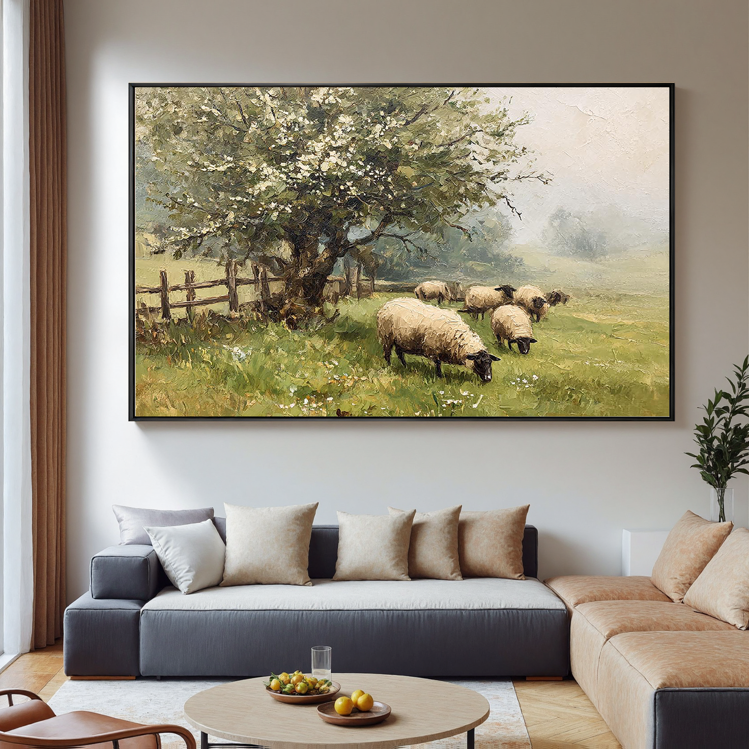 PASTORAL PEACE: Rustic Sheep Landscape Wall Art, Hand-Painted Farmhouse Animal Painting