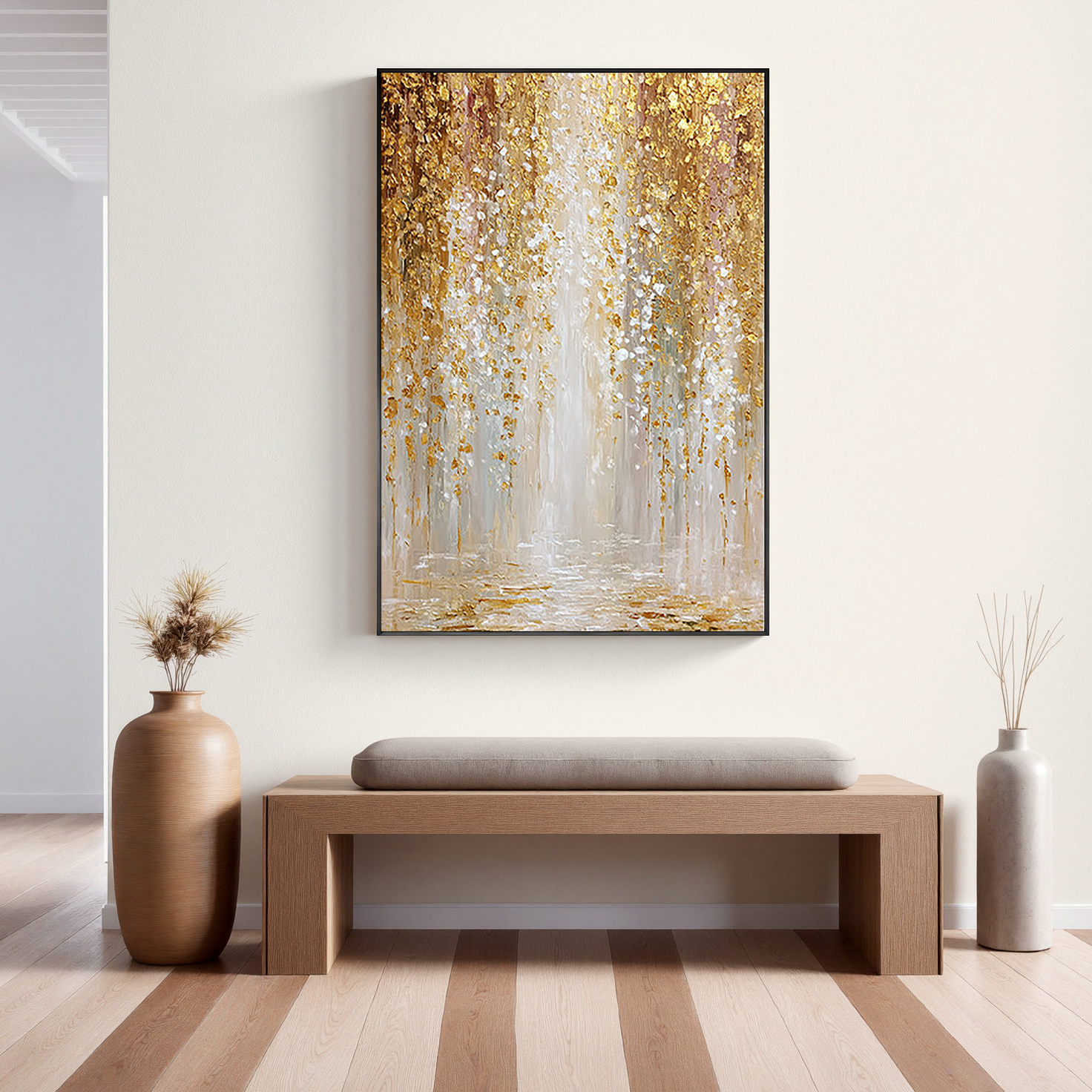 Gilded Rain – Modern Abstract Gold Leaf Waterfall Painting | Luxury Heavy Impasto Dining Room Art