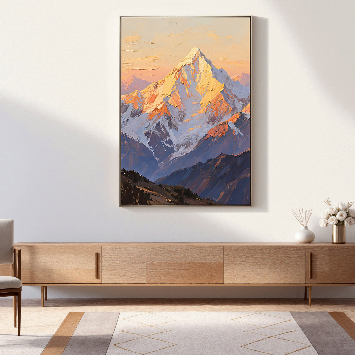The Gilded Crest – Contemporary Sunset Mountain Peak Painting | Vibrant High-Contrast Statement Hallway Art
