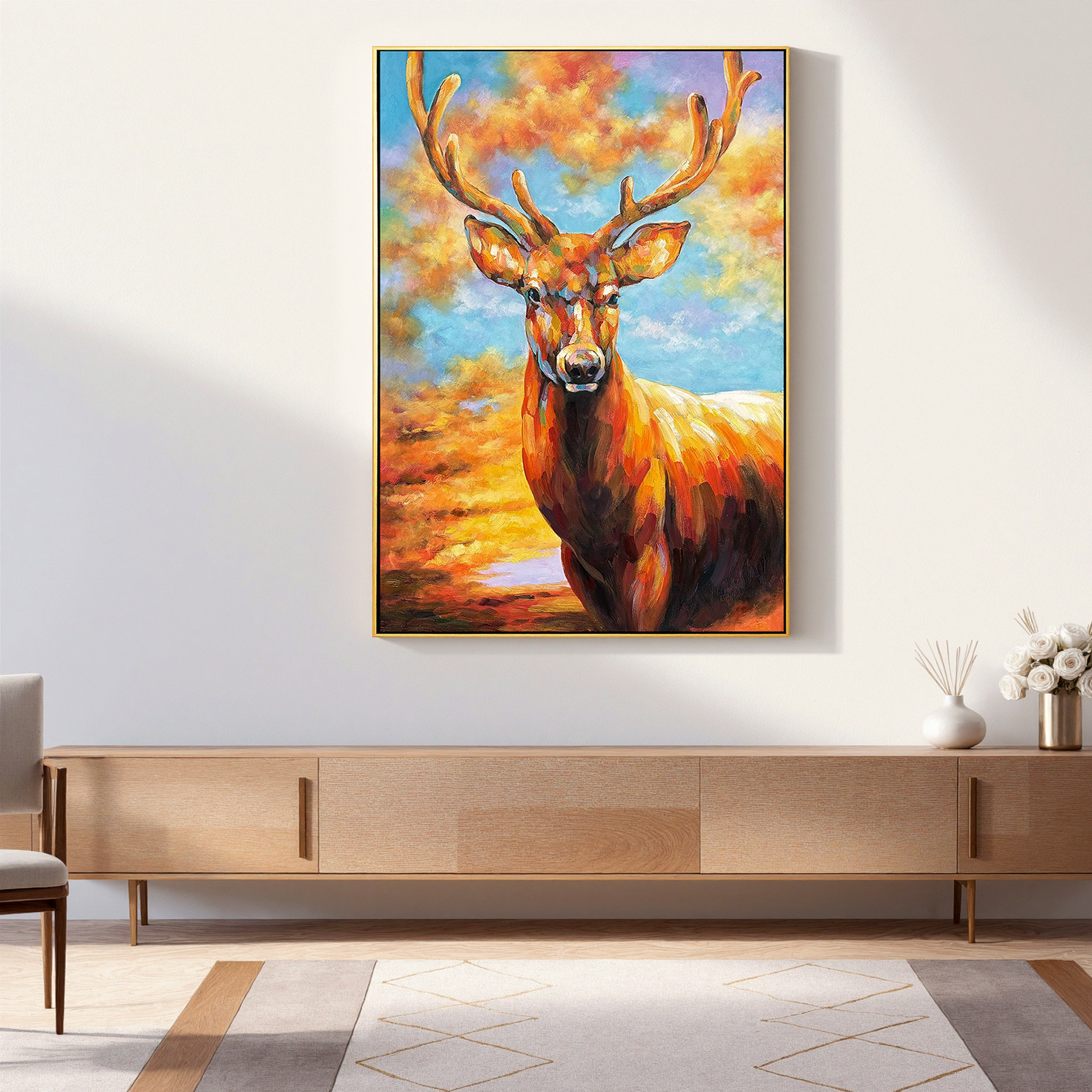 The Aurora Guardian – Contemporary Expressionist Majestic Stag Painting | Vibrant Statement Living Room Art