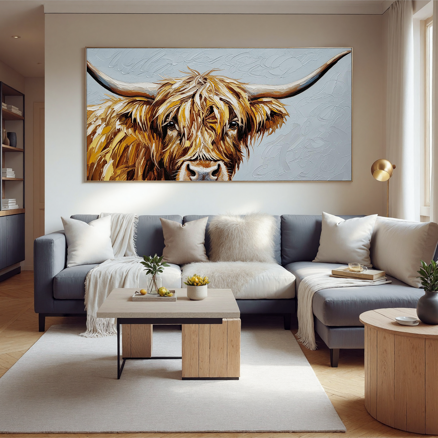 Gentle Wild – Modern Hand-painted Highland Cow Impasto Painting | Rustic Farmhouse Living Room Art