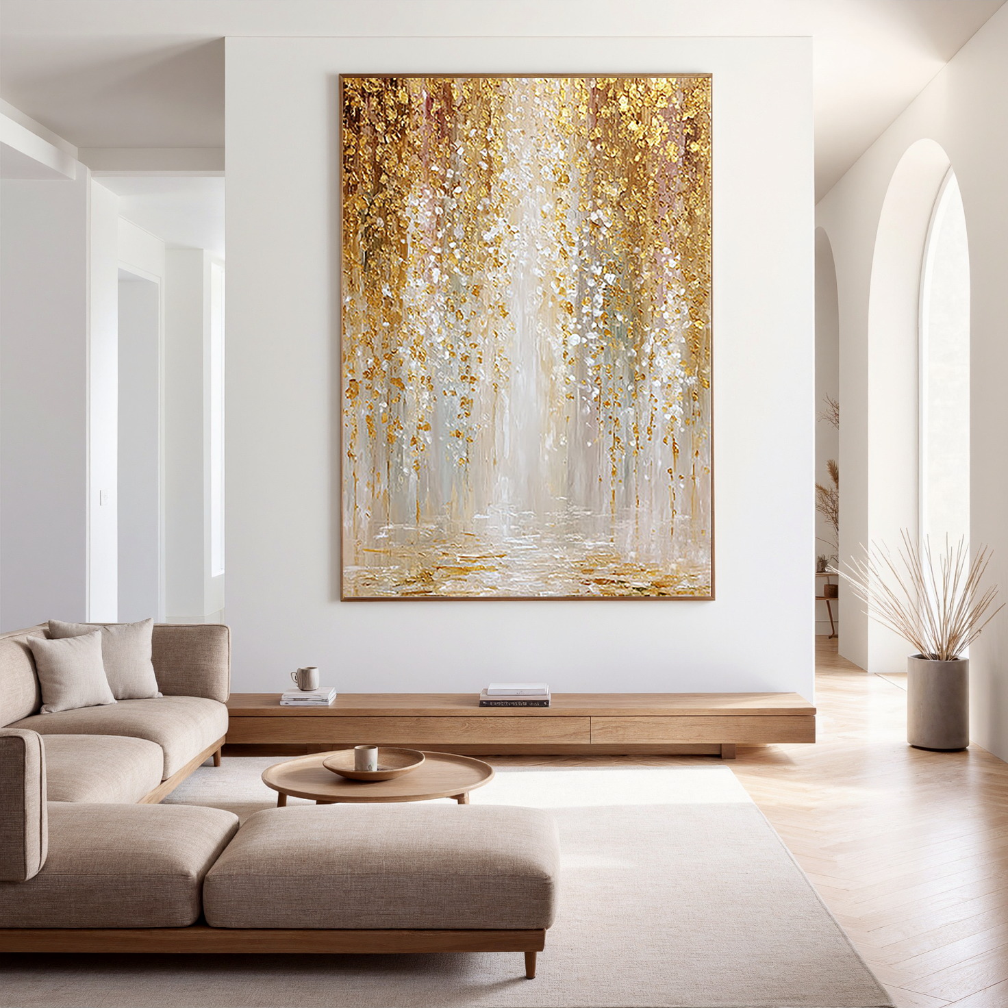 Gilded Rain – Modern Abstract Gold Leaf Waterfall Painting | Luxury Heavy Impasto Dining Room Art