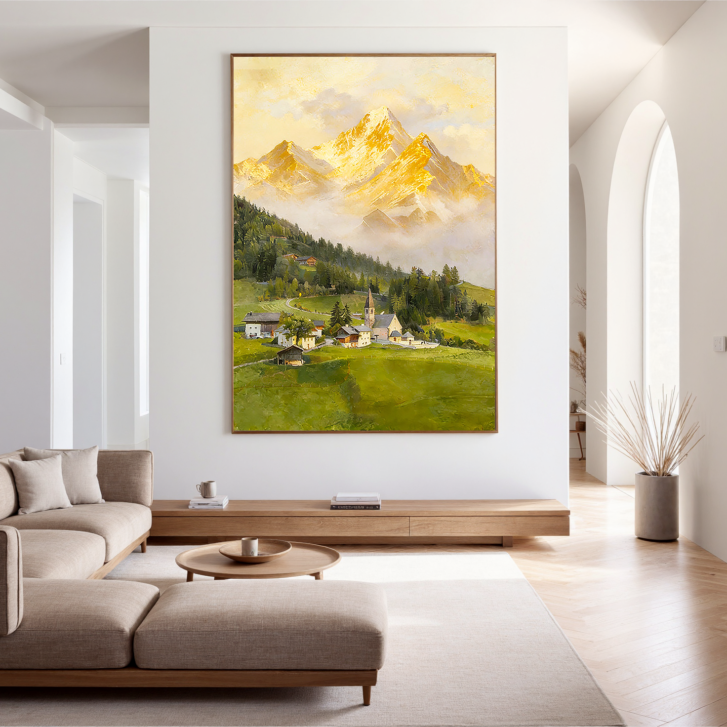 The Alpine Echo – Classical Impressionist Golden Hour Painting | Serene Meadow Green Farmhouse Living Room Art